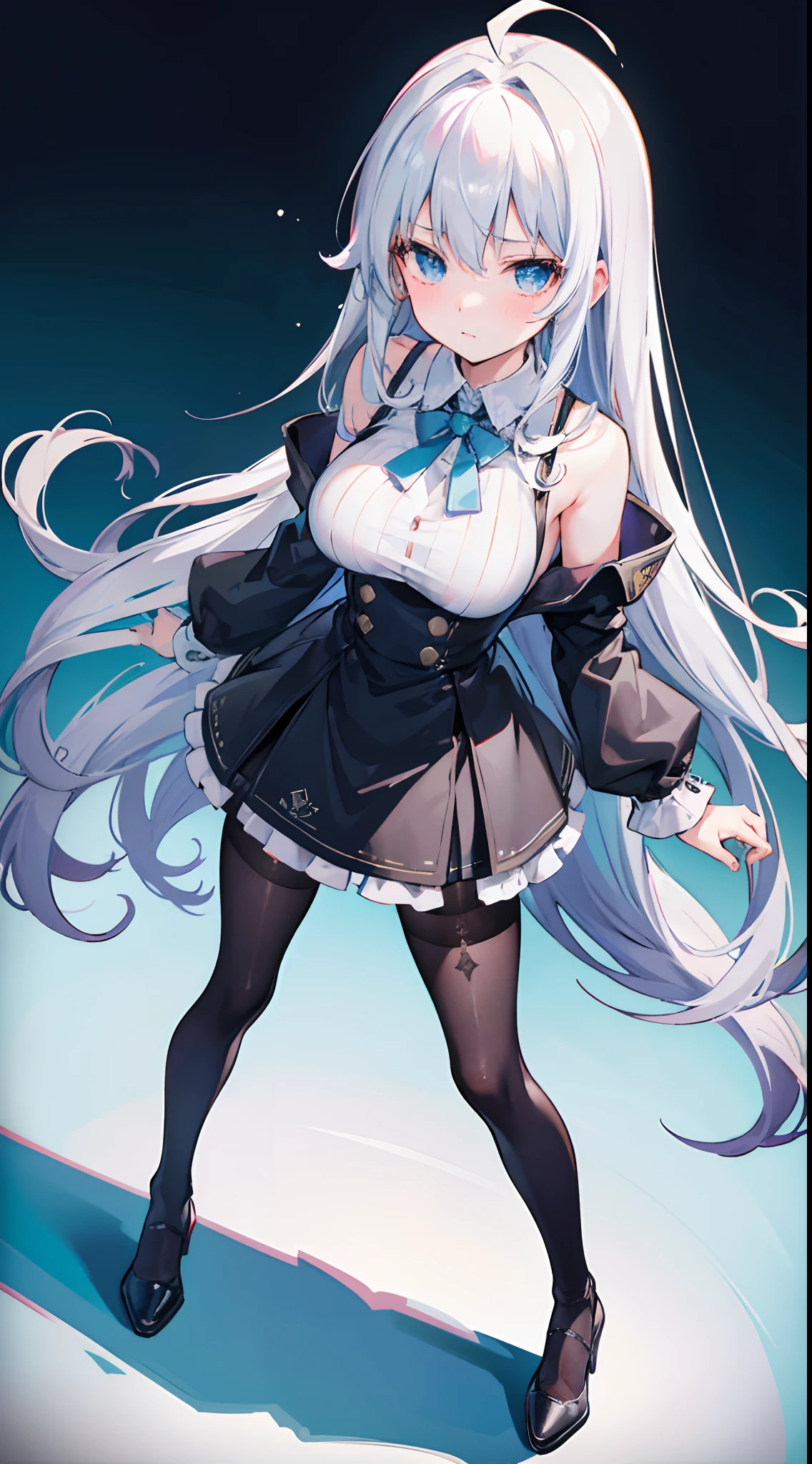 {An ultra-high picture quality}，{Best Quality}, {ultra-detailliert}, {very detailed illustration}, {Top image quality}，{{silber hair}}, Aimei, embarrassed from，Ahoge，Suspender Skirt，adult body，Moderately large breasts，long-sleeve，18-year-old body，Black tights，Full body like，Standing up，From  above