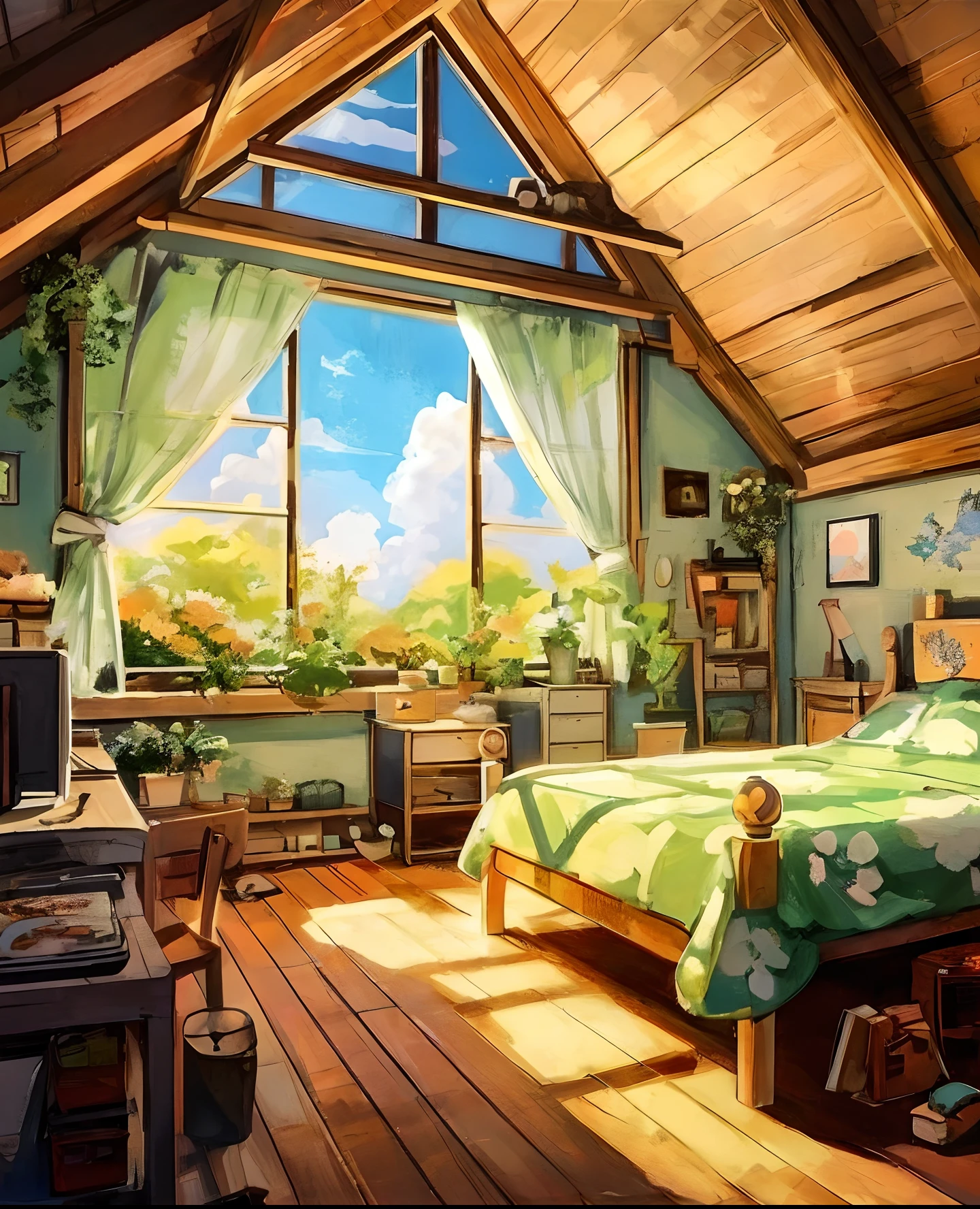 Painting of a bedroom with a bed and desk, bedroom in studio ghibli, Anime Background Art, Anime Background, Sunny bedroom, personal room background, Studio Ghibli Sunlight, Anime scenery, Background art, Room painting, interior background art, Cozy room, anime scenery concept art, painted in anime painter studio, Cozy home background, Bright room, anime aesthetic