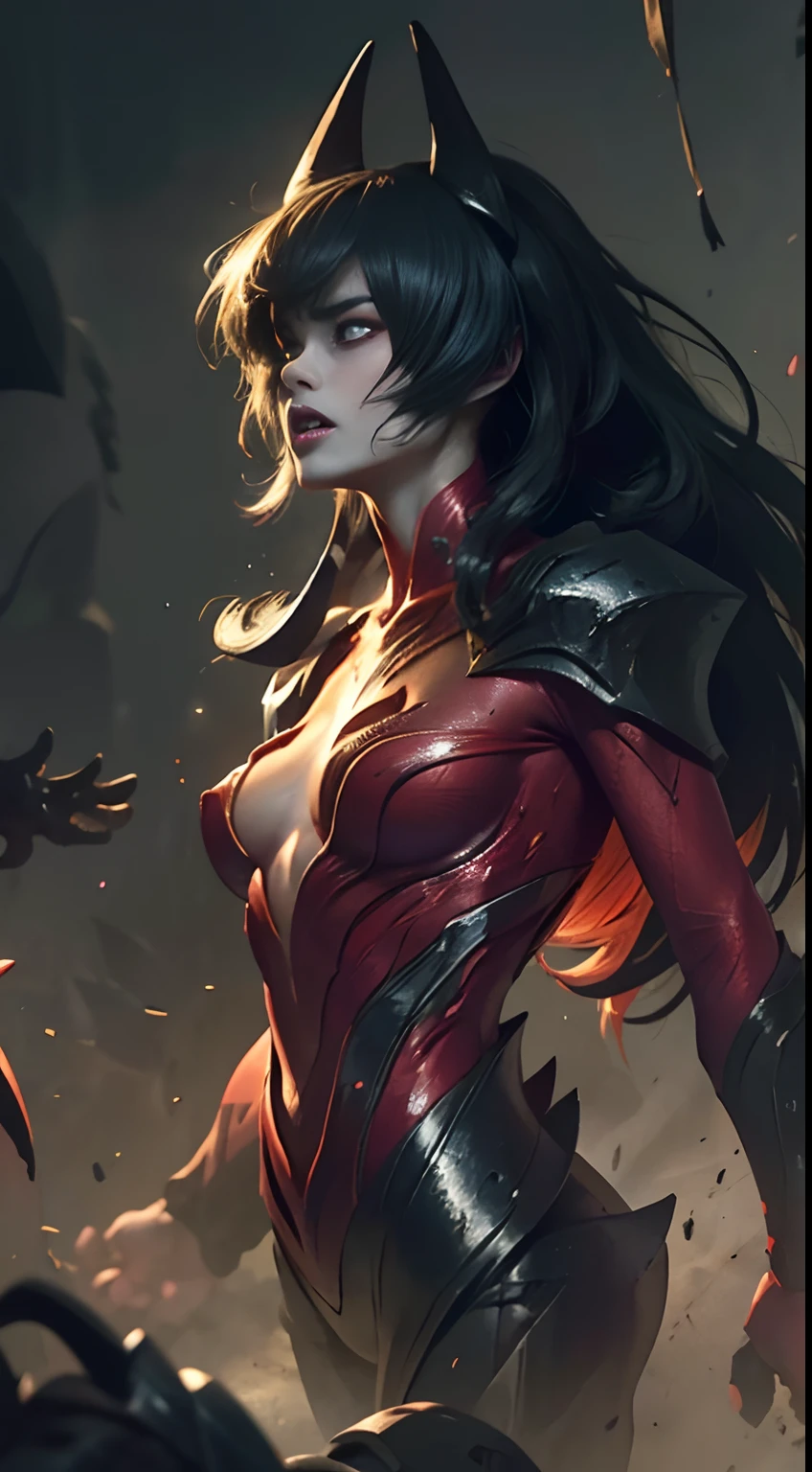(Best Quality,4K,High resolution), Evil apotheosis,(Best Quality,4K,High resolution),Jet black hair on a black body, Body covered with hairs all over the body, Deformed body,Expression distorted with anger,shout out、exclamation、Big open mouth、tusk、Sharp open eyes,Red glowing eyes、Facial expression enhancement,Changing the Appearance of a Transform,beast,Beastification,Metamorphosis、Akshin cartoon-like representation of the battle,Delicate illustrations drawn in detail,Realistic skin texture expression,Realistic portrayal,Vibrant colors(Best Quality,4K,High resolution), Comical appearance,(Best Quality,4K,High resolution), 18yo woman, Red highlights on black hair, Long hair, Straight hair, Cool Woman,Majinization,Cold eyes ,sharp eye,Staring at me,comic strip,animesque,Comical illustration,busy,Deformed cute illustration,Side Camera Angle,sideways Facing、Powerful expression、stand up、Evil Fight,Brave figure、Combat stance,Winding Up Draft,Doomsday World、Body engulfed in flames