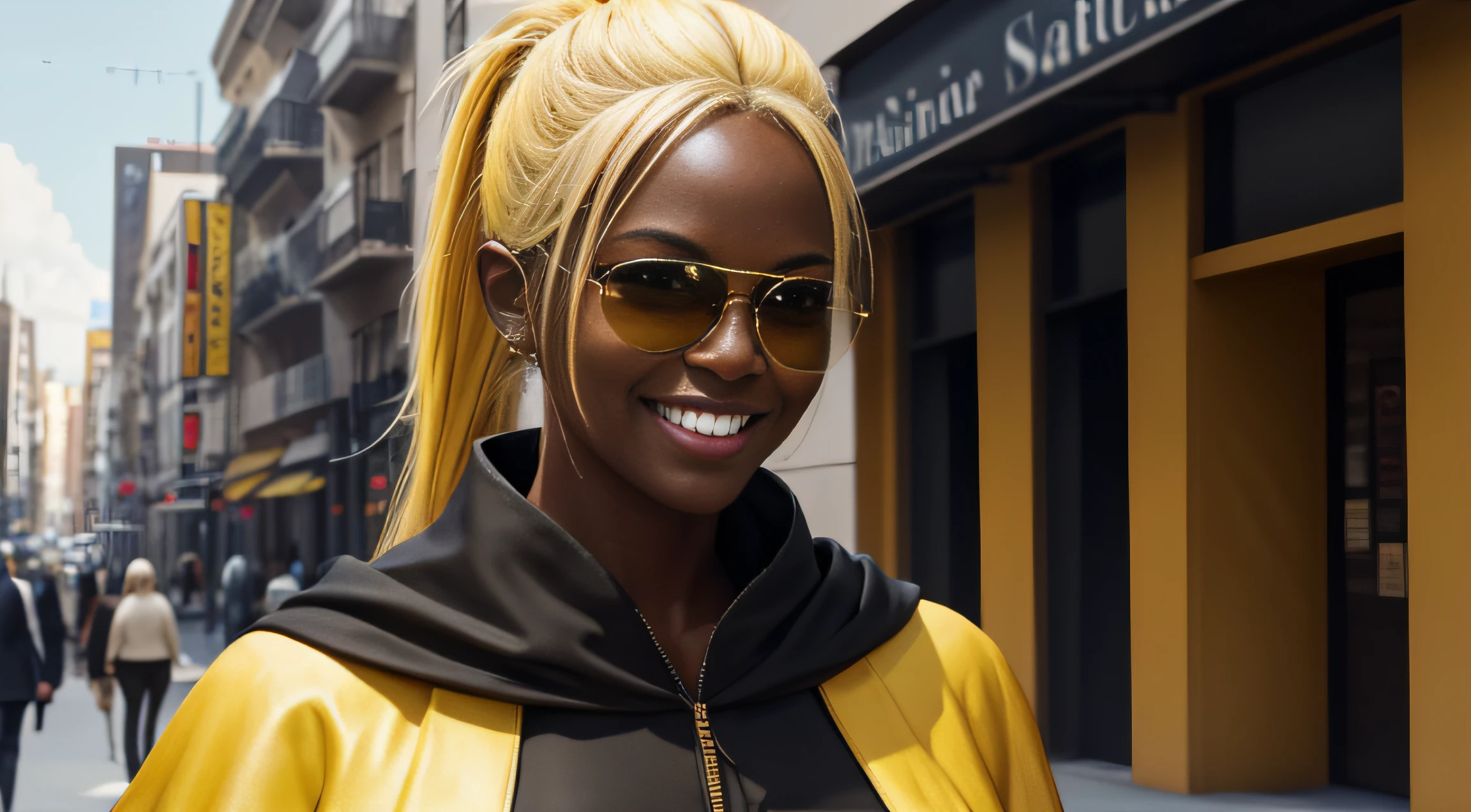 very huge breasts, dark skin, yellow hair, ponytail hair, Happy smile, realistic and detailed hands, realistic and detailed face, realistic and detailed tooth, realistic and detailed foots, realistic and detailed face, full body image, standingn, cloak, black and yellow suit, aviator sunglasses, walking in the street.