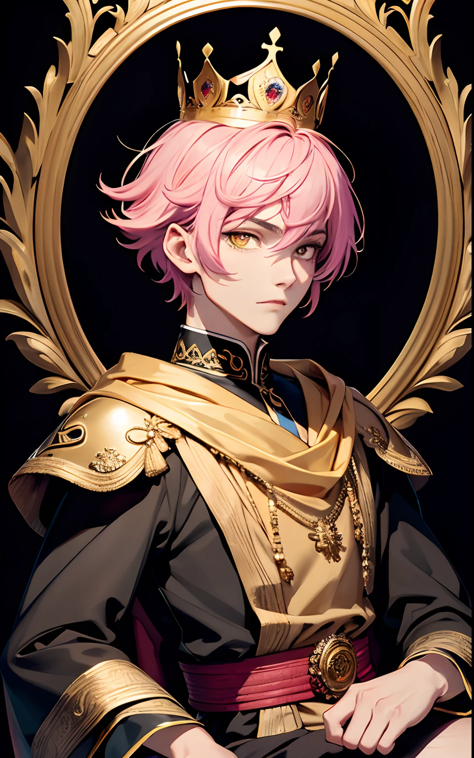 masterpiece, top quality, best quality, official art, beautiful and aesthetic:1.2), (1man), male, man, young man, man of 16, treme detailed,(fractal art:1.3),colorful,highest detailed, pink hair, short hair, yellow golden eyes, highly detailed eyes, glowing golden eyes, prince, thin, sitting, holding crown, abstract dark background, upper body