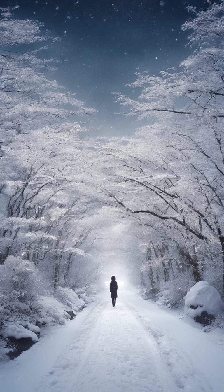 Snow in winter,It's white,Pure, Immaculate、The chill is biting、Silence and tranquility、Vast、Covered in silver,wide wide shot,morning shot,Long exposure film,GAN technology is adopted,Unity engine,k hd。