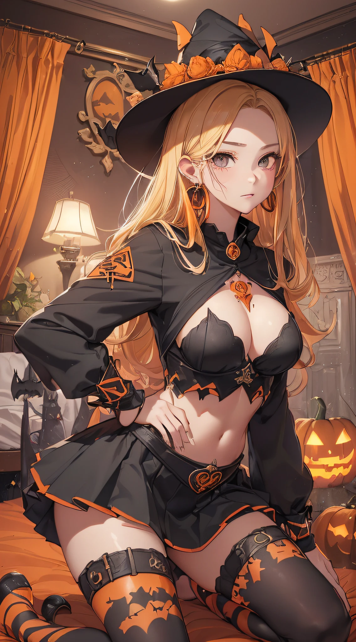 top-quality、Top image quality、masterpiece、teens girl((18year old,Black Wizard Hat、Black and orange sexy clothes,Orange and black skirt、Orange muffler,Best Bust、Bust 85、Blonde long hair,Black eyes、open chest wide、Valley、Happiness、A slender、Blood coating、Emphasis on the chest、Bats tattoo、Gold Earrings、Kneeling on the bed、Undressing figure,Turn your buttocks towards me))hiquality、Beautiful Art、Background with((natta、the bats、pumpkins,Halloween、Nice and clean room.、a bed))masutepiece、Elaborate design、visualart、high contract、The best lighting、highestdetailed、low angles