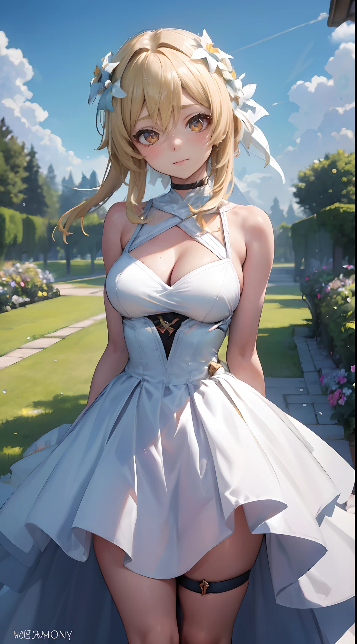 Lumine | genshin impact, master-piece, bestquality, 1girls,25 years old, proportional body, proportional., Wedding Dresses, White Wedding Dress, wedding, mediuml breasts, ,bara, choker, Standing in the middle of a flower garden, outdoor, The sky is beautiful, arm behind back, View viewers from the front., Thigh strap, Head tilt, bored, 10, 10, HD, slight smile,
