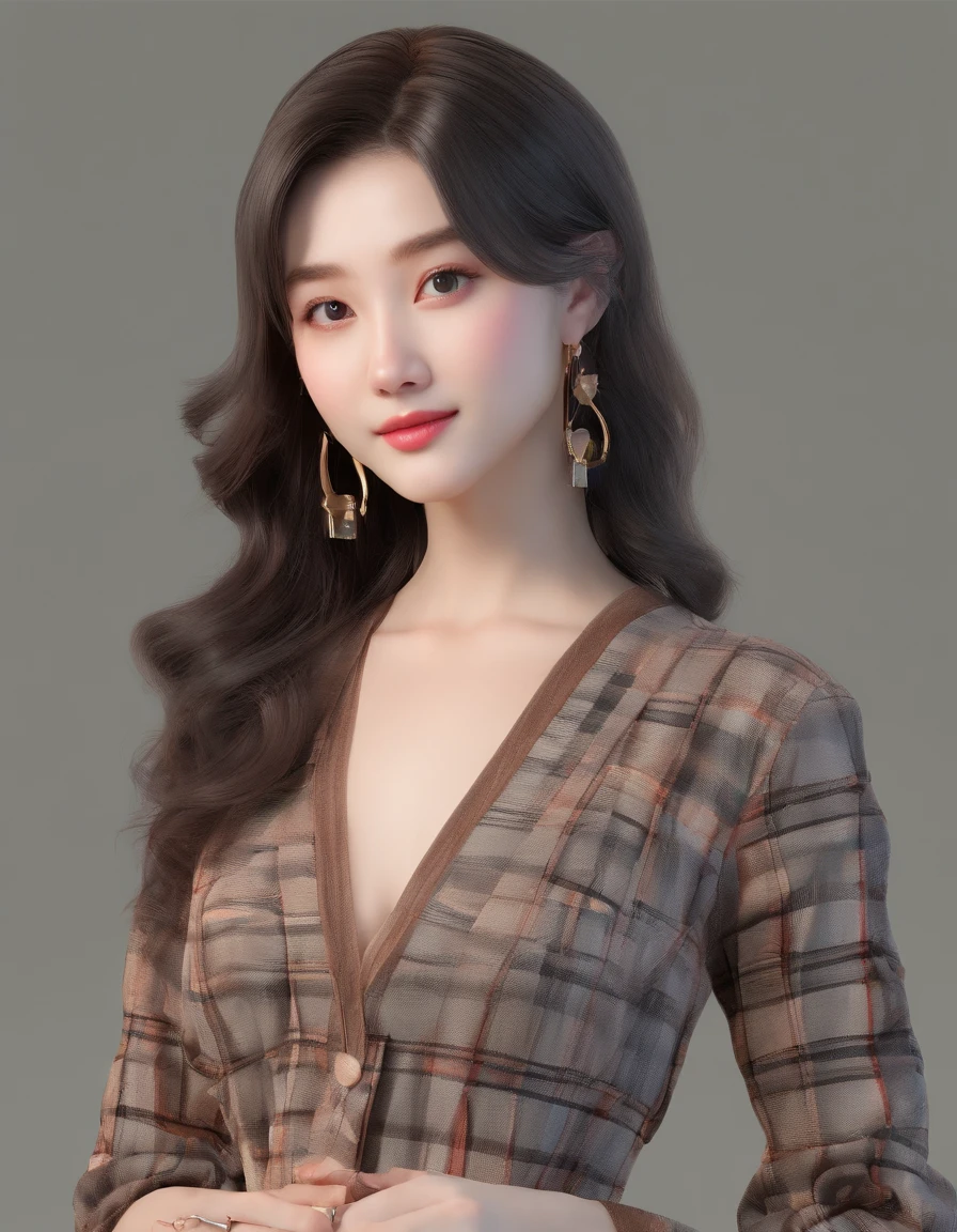raw, analogue, Nikon Z 85mm, award-winning glamour photograph, ((Highest Quality)), ((masutepiece)),(((Standing Girl))), (Whole body,Perfect whole body) ( (1 woman )),((Beautiful smile)), 45 degree side view, earrings ,((oval-face)),((Cute face)),((Smaller face)),Internal double eyelids, Gentle eyes, eye lashes, Black eyeliner , Pretty eyes,Clear eyes,(( Coarse winding waves , Black White_hair_streak, Cute voluminous hair,split-color_hair)),Very small breasts, intriciate detail, Cinematic atmosphere, model shoot tyle, The art of dreaming, ((Checkered luxury muffler )),((Gray check, Sweaters,Medium Luxury Dresses,)) , ((Dark brown plain background)),Petite girl, detailed facial features, high detailing, Sharp Focus, Smooth skin, aestheticism, The ultra-detailliert,Realism, Post-processing, Maximum Detail , Photography, 8K UHD, Silhouette Yellow Light Clear, Smaller face, Facial Gloss, Octane Rendering, (pale-skinned: 1.2), Digital SLR, Soft light, High quality, Volume Light,