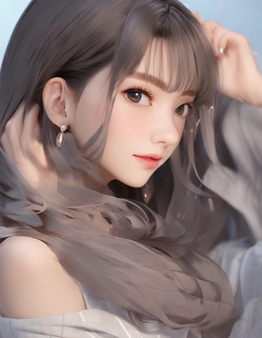 raw, analogue, Nikon Z 85mm, award-winning glamour photograph, ((Highest Quality)), ((masutepiece)),(((Standing Girl))), (Whole body,Perfect whole body) ( (1 woman )),((Beautiful smile)), 45 degree side view, earrings ,((oval-face)),((Cute face)),((Smaller face)),Internal double eyelids, Gentle eyes, eye lashes, Black eyeliner , Pretty eyes,Clear eyes,(( Coarse winding waves , Black White_hair_streak, Cute voluminous hair,split-color_hair)),Very small breasts, intriciate detail, Cinematic atmosphere, model shoot tyle, The art of dreaming, ((Checkered luxury muffler )),((Gray check, Sweaters,Medium Luxury Dresses,)) , ((Dark brown plain background)),Petite girl, detailed facial features, high detailing, Sharp Focus, Smooth skin, aestheticism, The ultra-detailliert,Realism, Post-processing, Maximum Detail , Photography, 8K UHD, Silhouette Yellow Light Clear, Smaller face, Facial Gloss, Octane Rendering, (pale-skinned: 1.2), Digital SLR, Soft light, High quality, Volume Light,