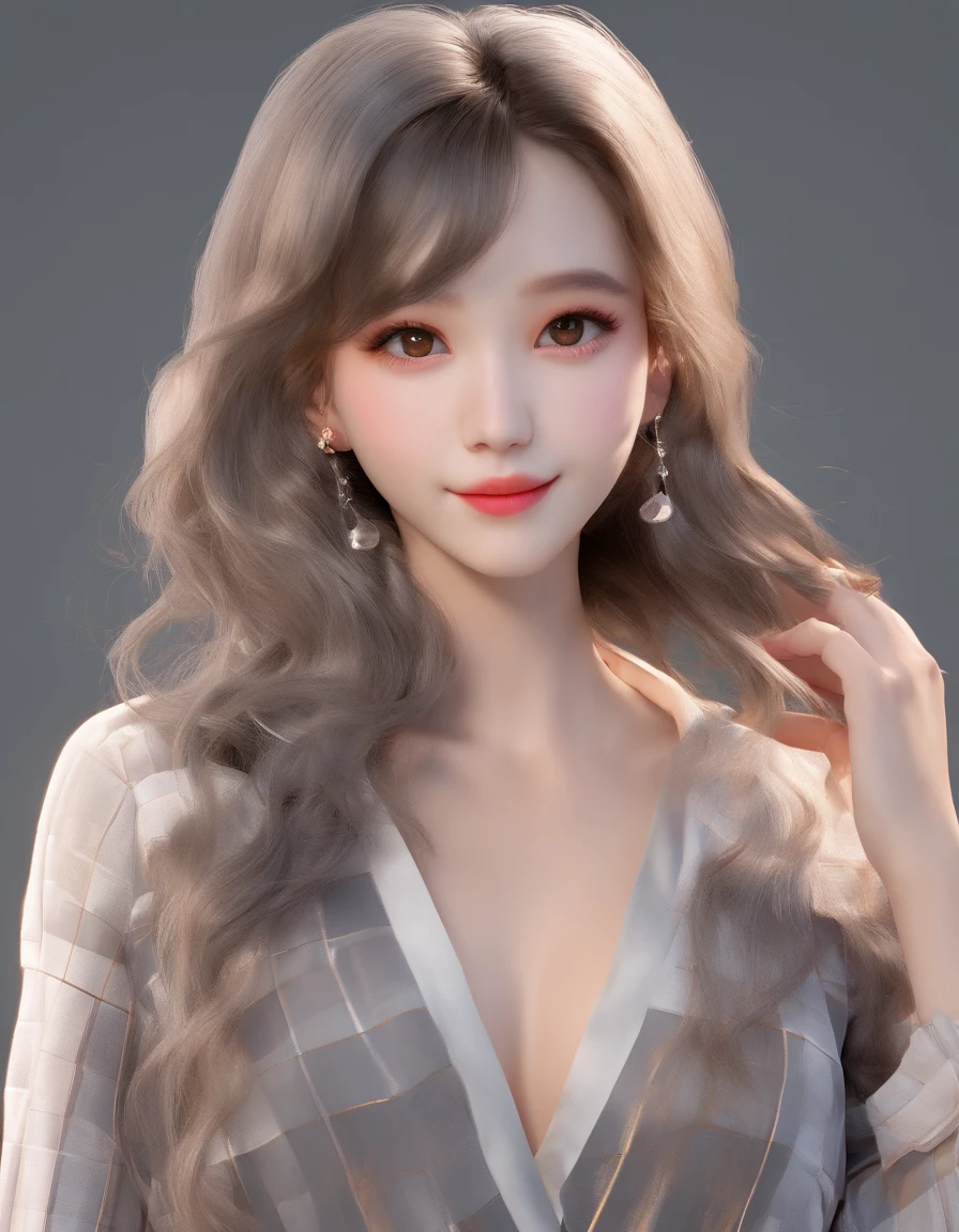 raw, analogue, Nikon Z 85mm, award-winning glamour photograph, ((Highest Quality)), ((masutepiece)),(((Standing Girl))), (Whole body,Perfect whole body) ( (1 woman )),((Beautiful smile)), 45 degree side view, earrings ,((oval-face)),((Cute face)),((Smaller face)),Internal double eyelids, Gentle eyes, eye lashes, Black eyeliner , Pretty eyes,Clear eyes,(( Coarse winding waves , Black White_hair_streak, Cute voluminous hair,split-color_hair)),Very small breasts, intriciate detail, Cinematic atmosphere, model shoot tyle, The art of dreaming, ((Checkered luxury muffler )),((Gray check, Sweaters,Medium Luxury Dresses,)) , ((Dark brown plain background)),Petite girl, detailed facial features, high detailing, Sharp Focus, Smooth skin, aestheticism, The ultra-detailliert,Realism, Post-processing, Maximum Detail , Photography, 8K UHD, Silhouette Yellow Light Clear, Smaller face, Facial Gloss, Octane Rendering, (pale-skinned: 1.2), Digital SLR, Soft light, High quality, Volume Light,