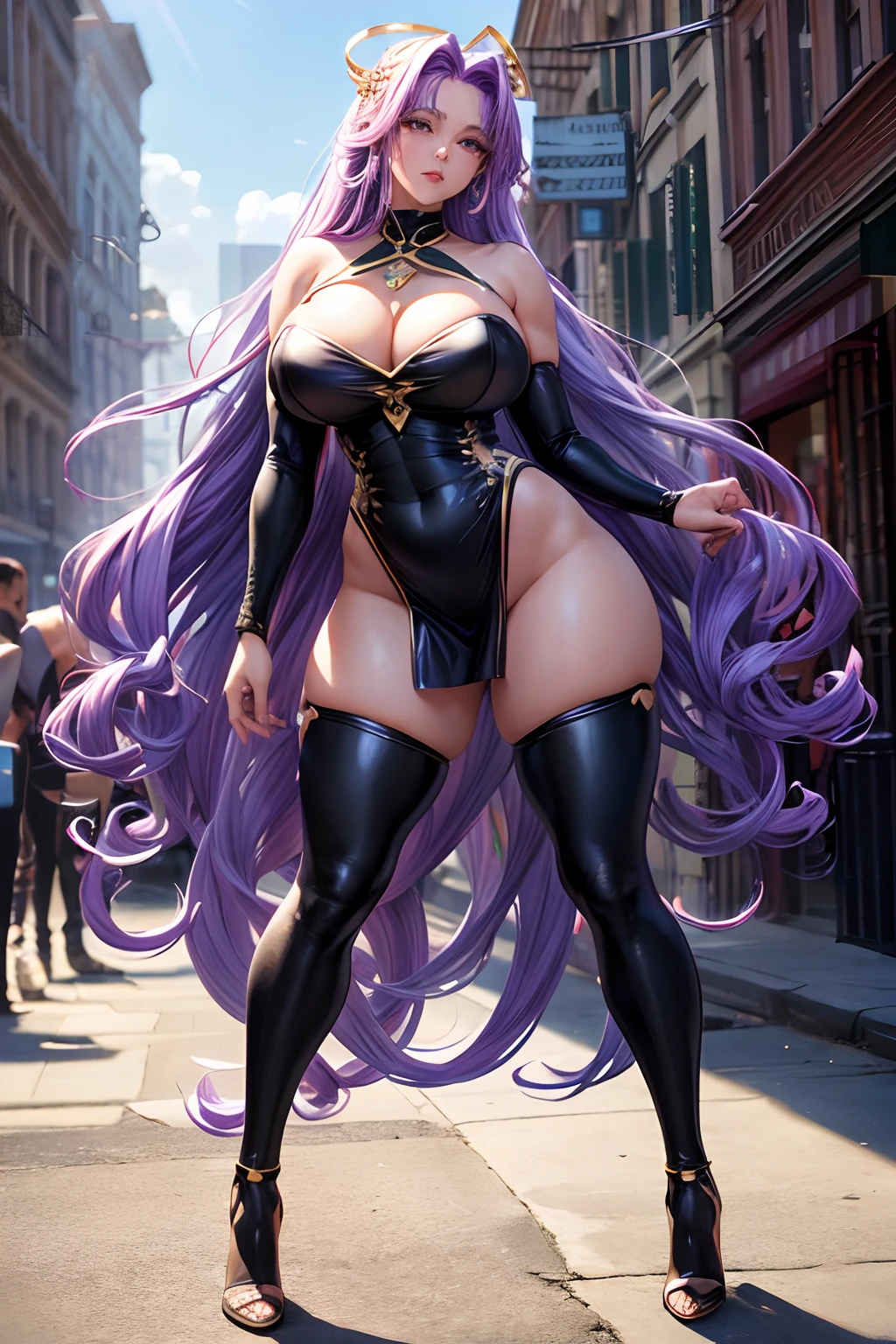 (8K, super-fine, super-fine, High quality, special effects, highest masterpiece, Realistic effects, Vivid, natural motion, Full body shot), Two sexy women, Stand on the streets of Winterwood City, Long curly lilac hair, Ridiculous purple hair, Sexy, Sexy tight black dress, See-through, divino, necklace, Earrings, Halo, ring, (elastic muscles, elastic muscles, Beautiful hair) Huge breasts, Raised, See-through, , Wide hips, big cuvy hips, White, Moisturized skin, Beautiful eyes), , fate, Medusa,
