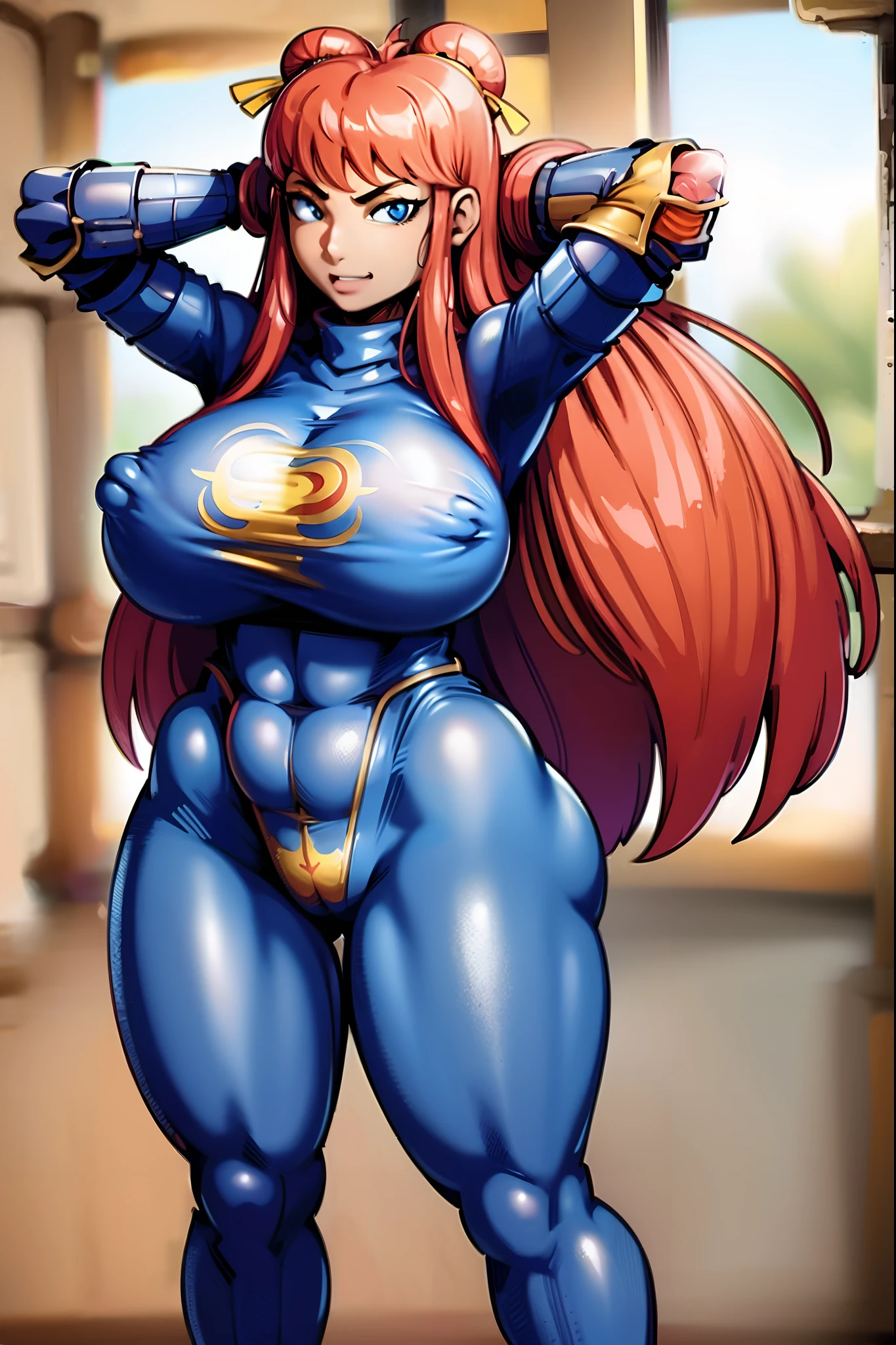 Brenda, medieval armor, curvy, huge breast, pants, pullover, full body, sentai, superhero