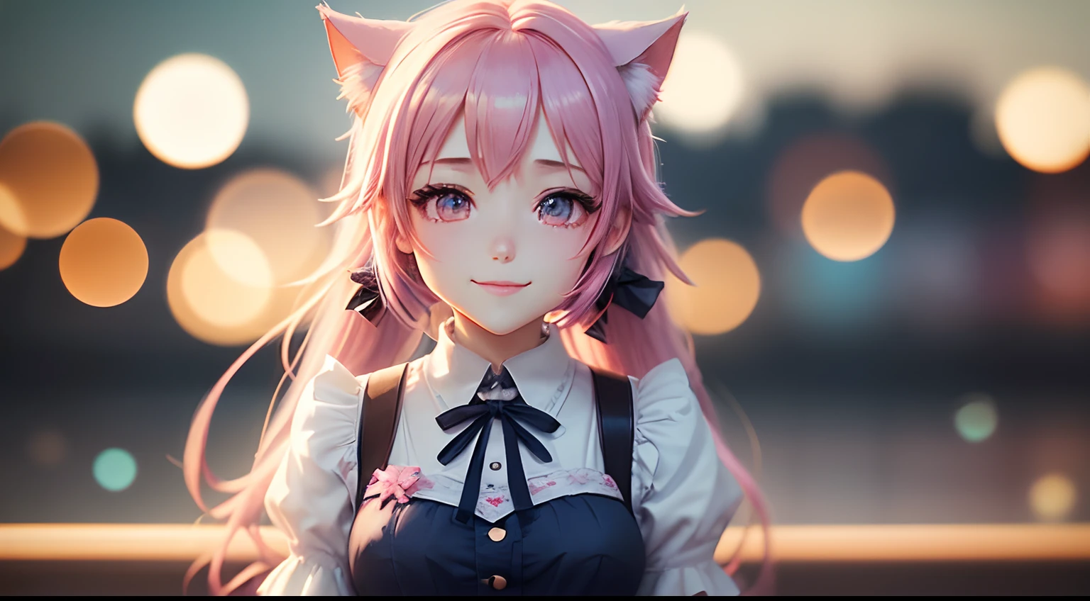 masutepiece, Best Quality, hight resolution,a smile,1girl in, Solo, anastasia (idolmaster), The Idolmaster Maid Costume,Mine makeup, Blue eyes, Cat ears,twin-tail hair,Pink gradient hair color, pink dress, Cowboy Shot, The upper part of the body_Body,(worst quality, low quality:1.4),(depth of field, bokeh, blurry:1.4)