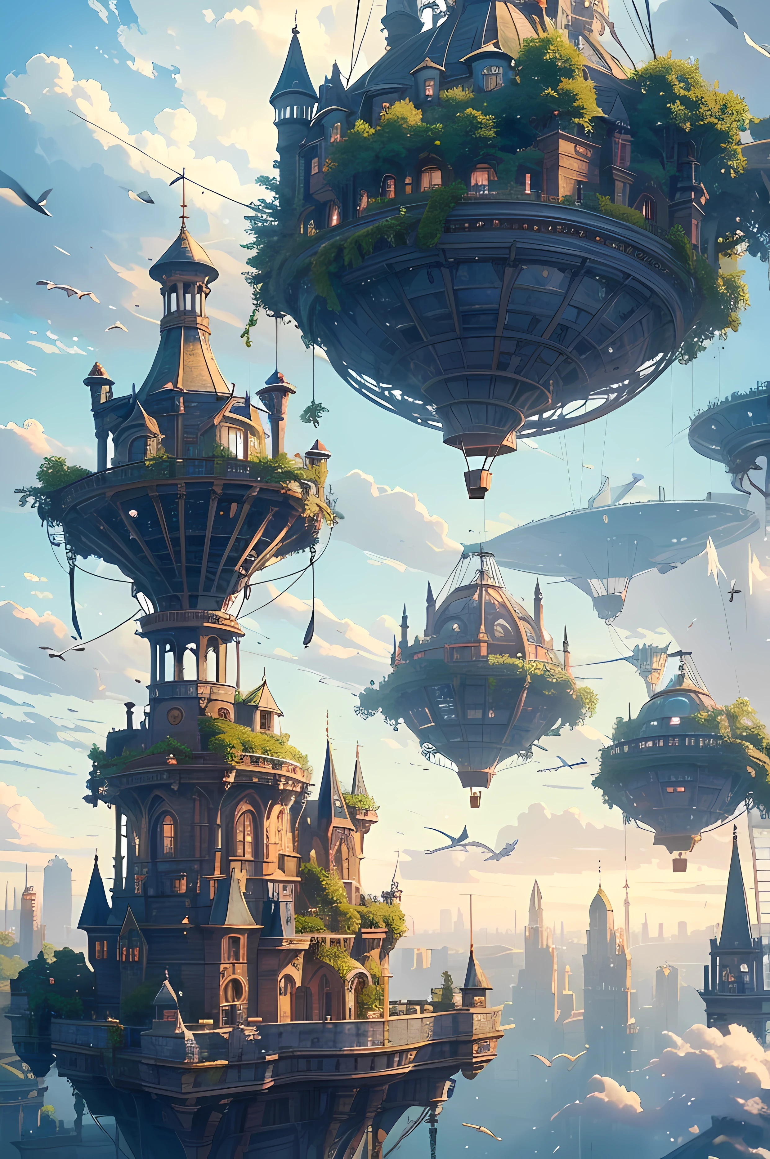 Many birds are suspended in the air with many small airships and air balloon flying around, cities, academy, fantasy, magical plants growing, extreme details, realistic light, epic composition, (complex details), (complex design, ultra-details :1.2), Art Station, (Masterpiece, Best Quality), Ultra HD, 32k --v 6