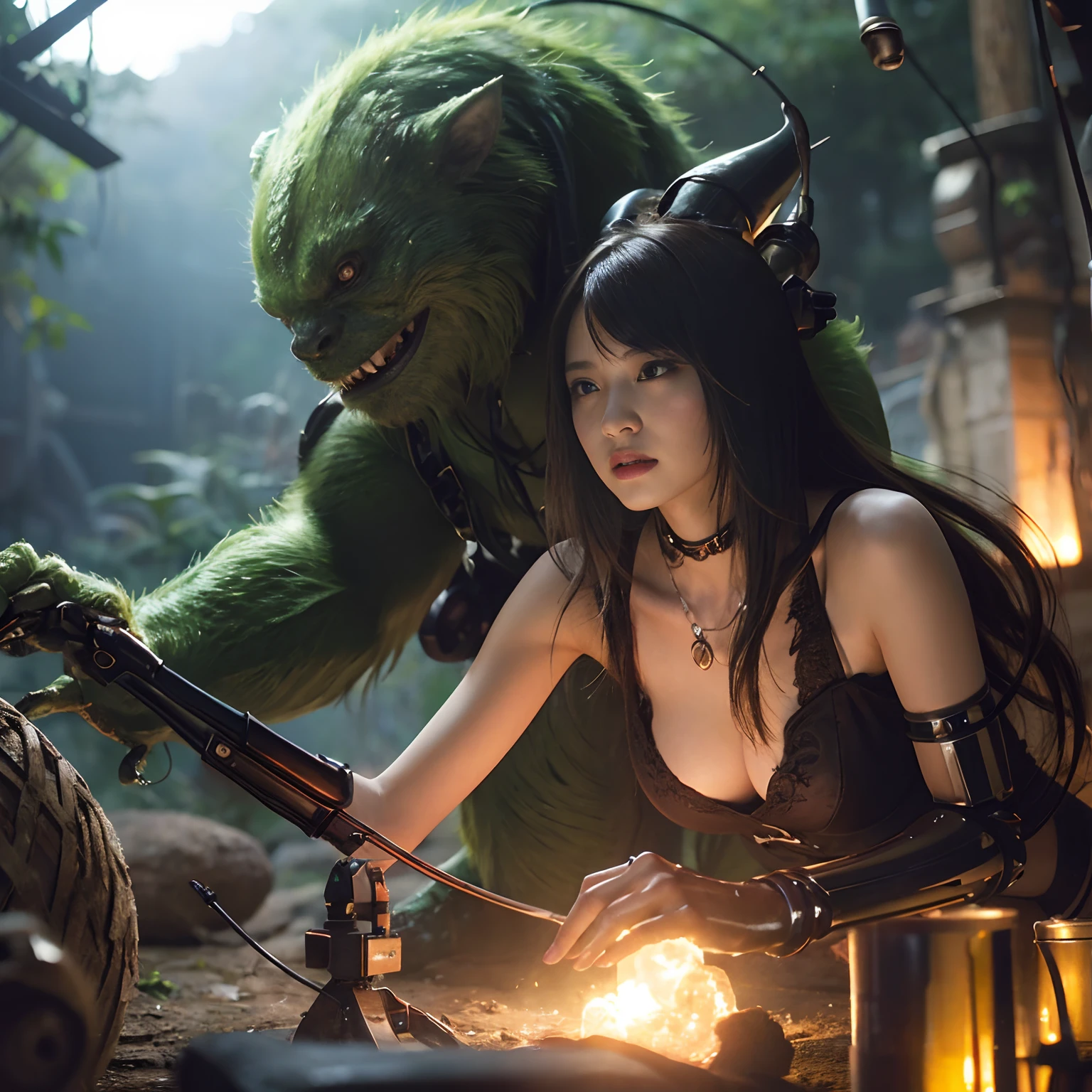 (1 Mechanical Girl)、top-quality、masterpiece、超A high resolution、(Photorealsitic:1.4)、Raw photo、1人、Fight mutants、glowy skin、(((1 Mechanical Girl)))、With a beautiful knife、(Yellow Metal Bodysuit)、(Kobold、ogre、Fierce battle with orcs),(Fight fiercely against aliens)、Fight fiercely、(beautiful forest background)、(Fighting Demonic Beasts)、(Small LED)、((super realistic details))、portlate、(Strong giant demon beast background),globalillumination、Shadow、octan render、8K、ultrasharp、Colossal tits、Raw skin is exposed in cleavage、metals、Details of complex ornaments、Japan details、highly intricate detail、Realistic light、(Mystical expression),CGSoation Trends、Red Eyes、radiant eyes、Facing the camera、neon details、(Mechanical limbs)、(blood vessels connected to tubes)、Mechanical vertebrae attached to the back、mechanical cervical attaching to neck、(Wires and cables connecting to the head)、Gundam、Small LED、,Mechanical thighs、Toostock、(Hands are also made of machines)、(Attack of the Monster Beasts)、(Wounded in a deadly battle)、