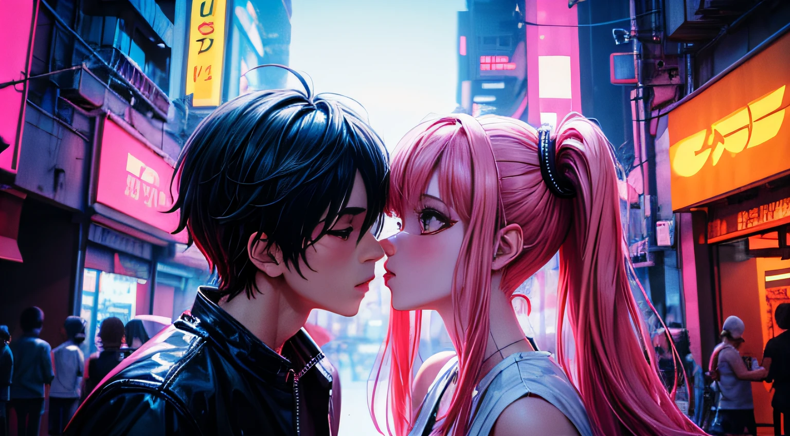 (obra prima) casal de anime se beijando, menina anime e menino anime se beijando de olhos fechados, apaixonados, Cyberpunk, Neon light, futurista, 2077