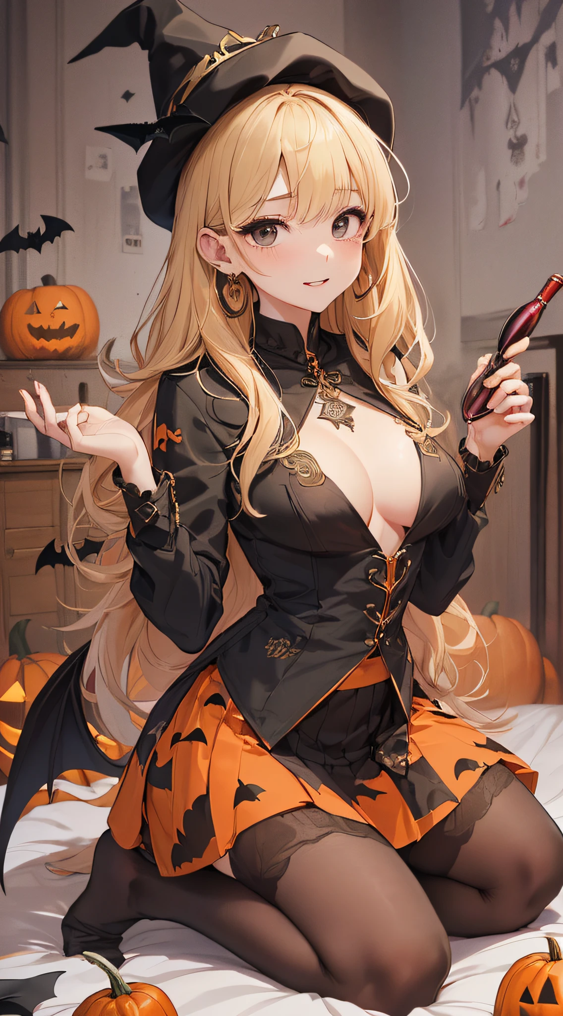 top-quality、Top image quality、masterpiece、s girl((18year old,Black Wizard Hat、Black and orange sexy clothes,Orange and black skirt、Orange muffler,Best Bust、Bust 85、Blonde long hair,Black eyes、open chest wide、Valley、Happiness、A slender、Blood coating、Emphasis on the chest、Bats tattoo、Gold Earrings、Kneeling on the bed、Undressing figure、Drunk、Red wine in both hands、Staring at the viewer))hiquality、Beautiful Art、Background with((natta、the bats、pumpkins,Halloween、Nice and clean room.、a bed))masutepiece、Elaborate design、visualart、high contract、The best lighting、highestdetailed、low angles