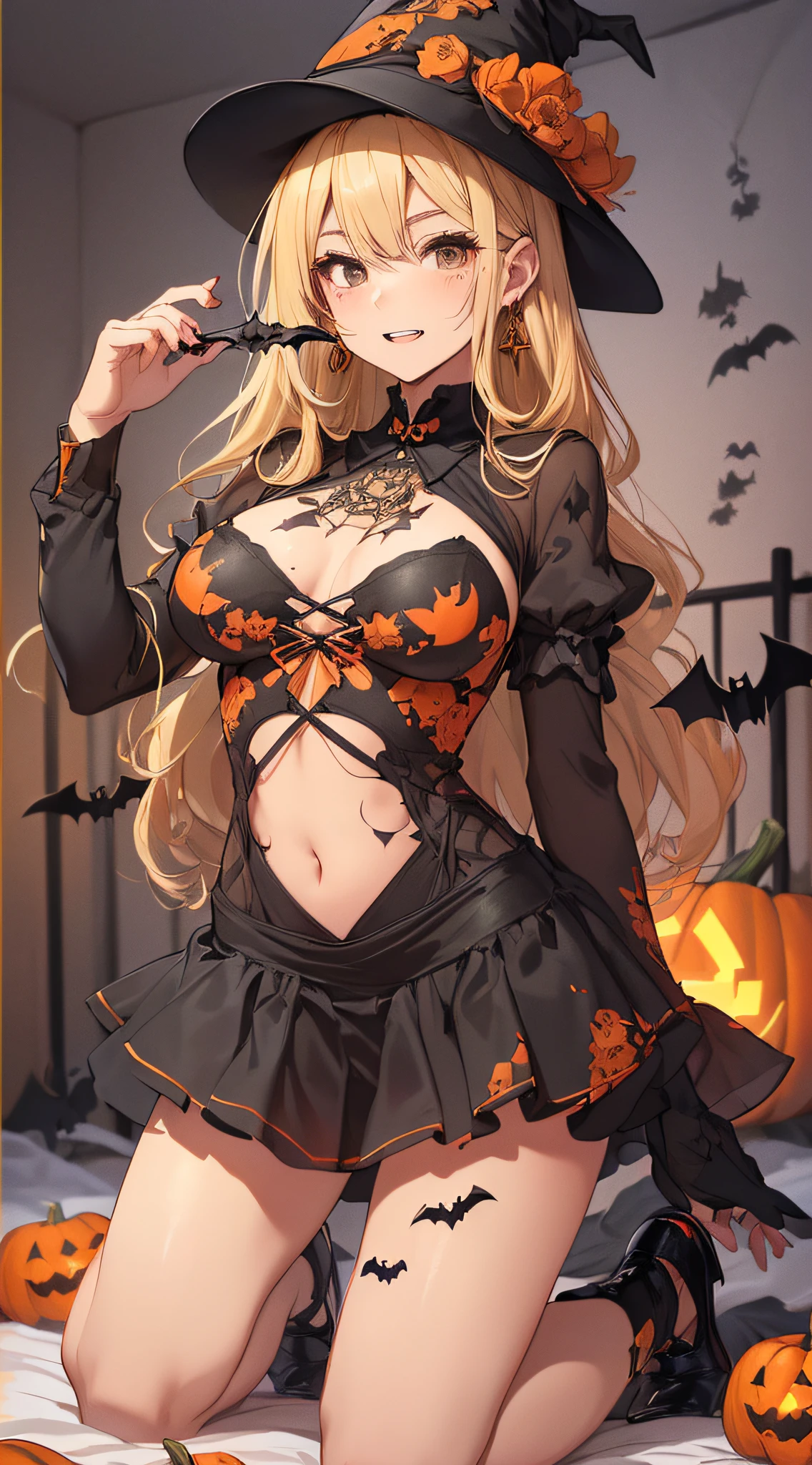 top-quality、Top image quality、masterpiece、s girl((18year old,Black Wizard Hat、Black and orange sexy clothes,Orange and black skirt、Orange muffler,Best Bust、Bust 85、Blonde long hair,Black eyes、open chest wide、Valley、Happiness、A slender、Blood coating、Emphasis on the chest、Bats tattoo、Gold Earrings、Kneeling on the bed、Undressing figure、Drunk、Red wine in both hands、Staring at the viewer))hiquality、Beautiful Art、Background with((natta、the bats、pumpkins,Halloween、Nice and clean room.、a bed))masutepiece、Elaborate design、visualart、high contract、The best lighting、highestdetailed、low angles