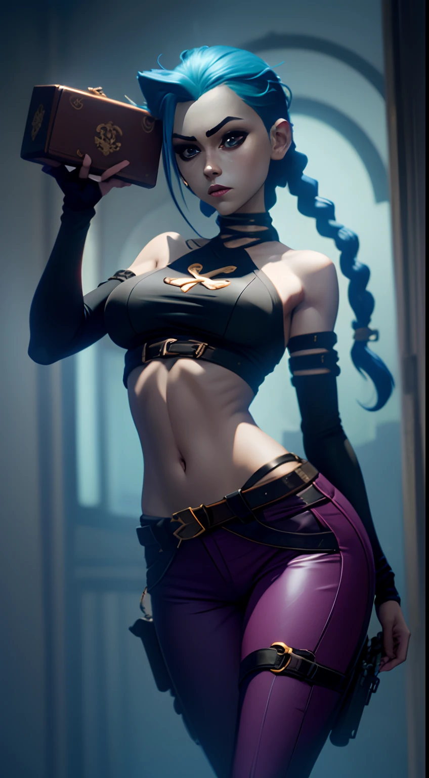 Jinx's character design, sexypose, Erotica, bare breast, teats, Beautiful figure,  butt, kitty, Arcane's Jinx, Holding a sparkling and glowing box in his hands, Bright blue and purple sparks all around, glowing eyes, Pink glowing eyes, hairlong, hairsh, braided into long braids, Pigtails hang below the knee, Hair color changes from bright blue to navy blue, Dressed in brown breeches, Leather boots on the feet, Top with four gold circles on the chest in the middle of the chest, Blue cloud tattoos on shoulders and waist, Long bangs, hanging on the right side, Belt with cartridges on the belt, A pistol in a holster on his left leg, Arcane style, extremely detailed CG unity 8k wallpaper, detailed light, Cinematic lighting, chromatic aberration, glittering, expressionless, epic composition, dark in the background, Cherecter Desing, Very detailed, Detailed body, Vibrants, Detailed Face, sharp-focus, anime art, Vibrants, Detailed Face, Hugh Details, sharp-focus, Very drooping face, A detailed eye, super fine illustration, better shadow, finely detail, Beautiful detailed glow, Beautiful detailed, Extremely detailed, expressionless, epic composition,