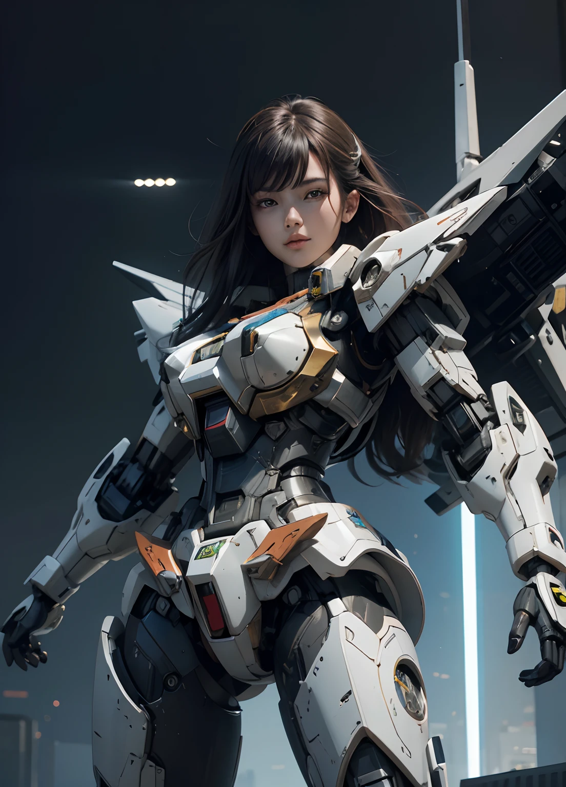 Textured skin, Super Detail, high details, High quality, Best Quality, hight resolution, 1080p, hard disk, Beautiful,(Gundam),beautiful cyborg woman,Mecha Cyborg Girl,Battle Mode,Girl with a Mecha Body,She wears a futuristic Gundam mecha,Fulll body Shot