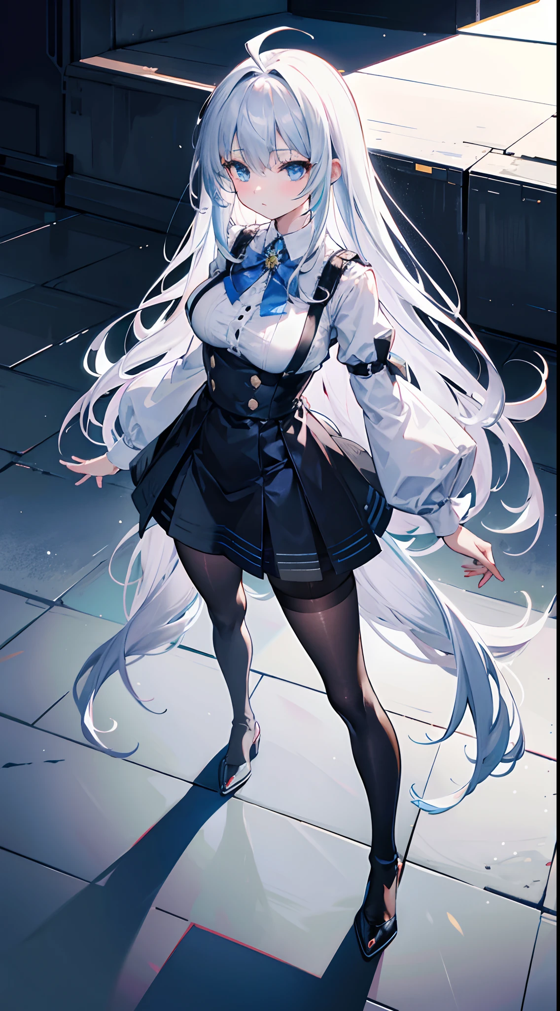 {An ultra-high picture quality}，{Best Quality}, {ultra-detailliert}, {very detailed illustration}, {Top image quality}，{{silber hair}}, Aimei, Ahoge，Suspender Skirt，adult body，Moderately large breasts，long-sleeve，18-year-old body，Black tights，Full body like，Standing up，From  above，glareing，Looks Back