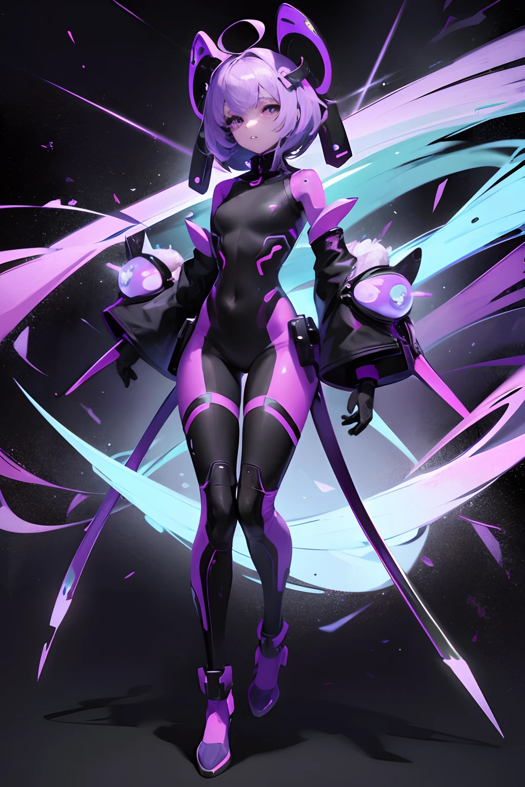 echanis_enicha, background, futuristic, bodysuit, helmet, glowing, 1girl, ahoge, cowboy shot, looking at viewer, monochrome, pants, solo, sleek bodysuit, purple highlights, visor, heads-up display