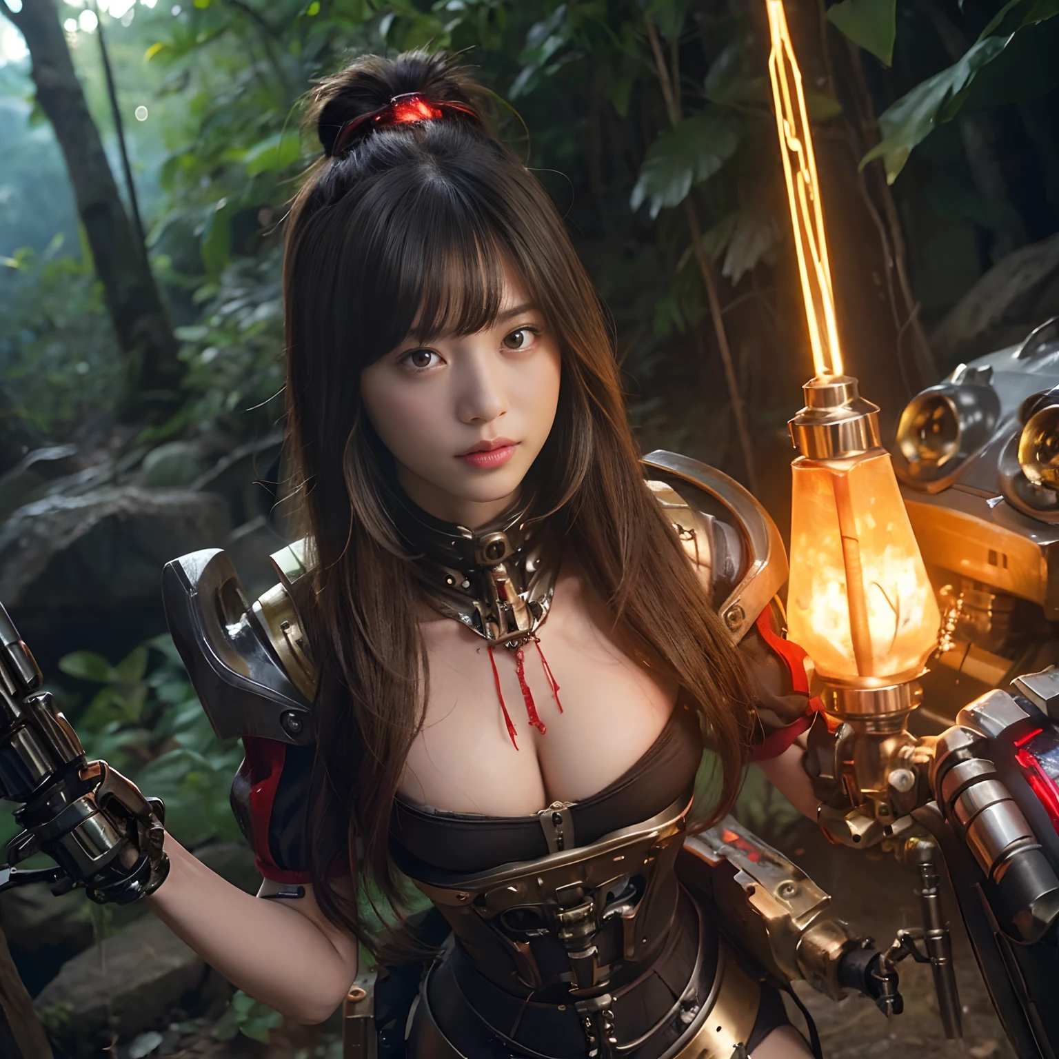 (1 Mechanical Girl)、top-quality、masterpiece、超A high resolution、(Photorealsitic:1.4)、Raw photo、女の子1人、Fight mutants、glowy skin、(((1 Mechanical Girl)))、With a beautiful knife、(Yellow Metal Bodysuit)、(Kobold、ogre、Fierce battle with orcs),(Fight fiercely against aliens)、Fight fiercely、(beautiful forest background)、(Fighting Demonic Beasts)、(Small LED)、((super realistic details))、portlate、(Strong giant demon beast background),globalillumination、Shadow、octan render、8K、ultrasharp、Colossal tits、Raw skin is exposed in cleavage、metals、Details of complex ornaments、Japan details、highly intricate detail、Realistic light、(Mystical expression),CGSoation Trends、Red Eyes、radiant eyes、Facing the camera、neon details、(Mechanical limbs)、(blood vessels connected to tubes)、Mechanical vertebrae attached to the back、mechanical cervical attaching to neck、(Wires and cables connecting to the head)、Gundam、Small LED、,Mechanical thighs、Toostock、(Hands are also made of machines)、(Attack of the Monster Beasts)、(Wounded in a deadly battle)、