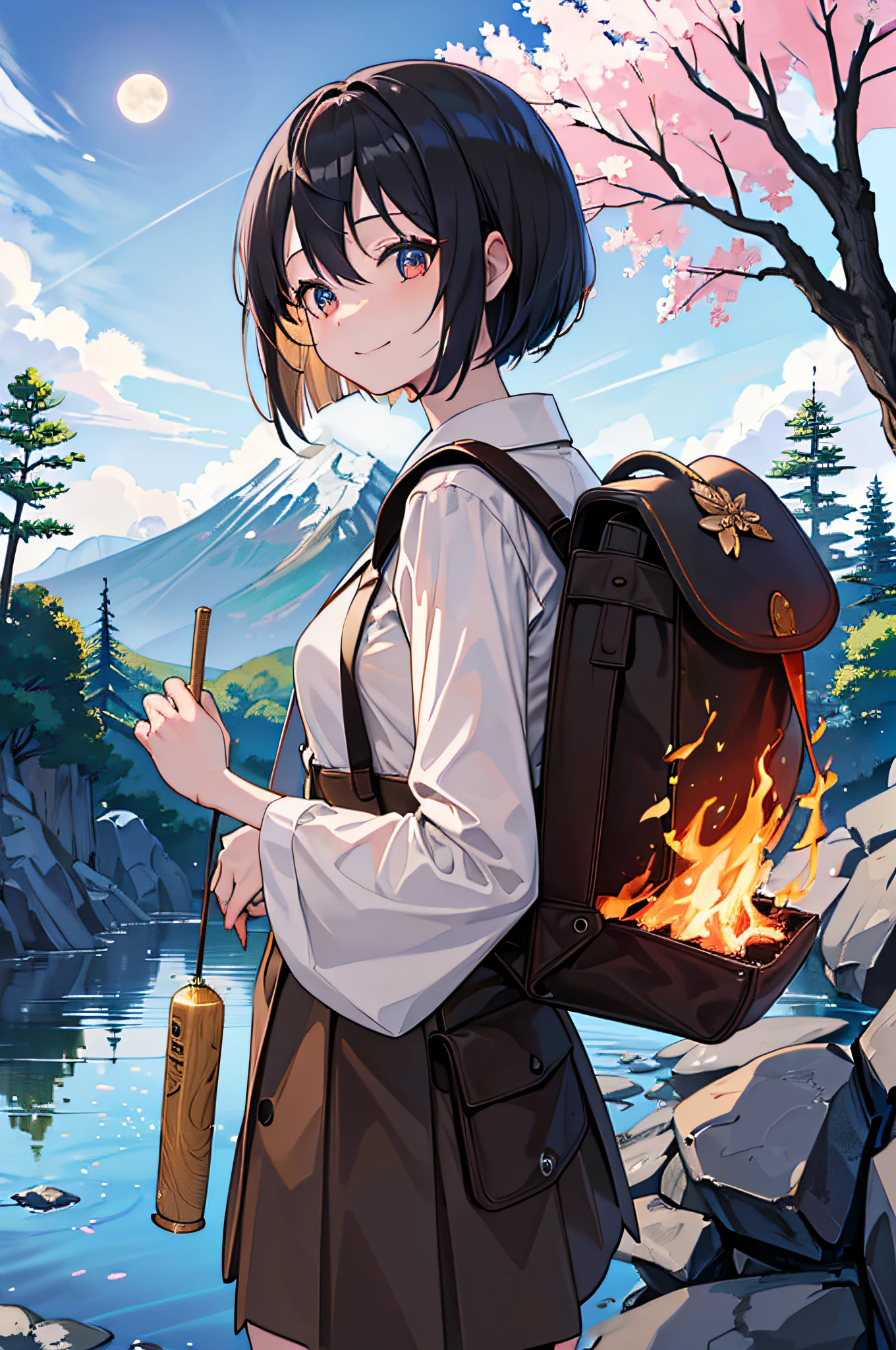 ((top-quality、8k、masterpiece:1.3))、独奏、A Japanese Lady(24 year old,Happy smiling face,Highly detailed face and skin and hair texture,A detailed eye、二重まぶた、de pele branca、beautiful delicate nose、Lighter hair color、bob cut hair)、Overhead camera、foco nítido:1.2、Subject's hair、The eye、bocchi、While emphasizing the action、pleasing to the eye、It is a thought-provoking composition。 ⠀ Ground、outside of house、(natta)、mont、naturey、(stele、a moon)jolly、the wind、happiness、rucksack、Bag sleep、bonfire、Camping stove、Mountain Parker、Mountain boots、lanthanum、boulders、the woods、stony、a river、bonfire、lumber、firewood、fumo、shadowy、Contrasty、A clear sky、styles、(Warm shades、Warm tones)