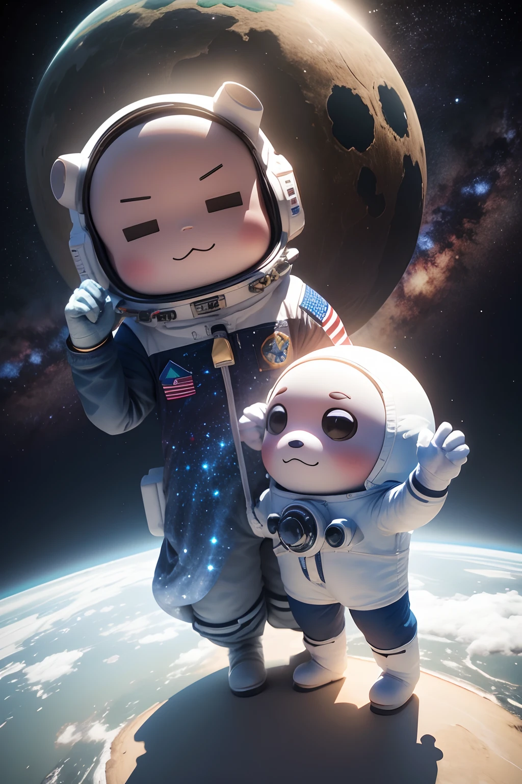boneco em 3D de astronauta, estrela, astro, planeta, lua, bandeira USA
