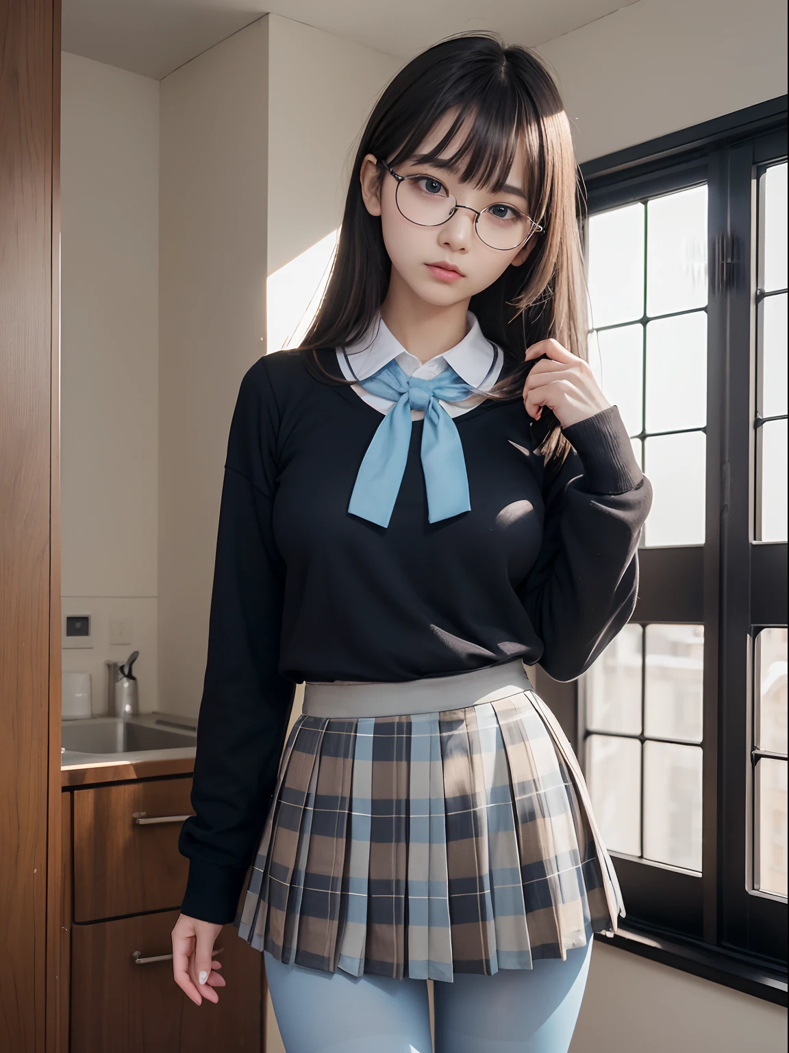 (Underwear is visible)、((Narrow-eyed))、((Narrow-eyed))、((Narrow-eyed))、(8K、Raw photography、top-quality、masterpiece:1.2),((small tits))、((small tits))、((small tits))、((small tits))、((small tits))、((A-cup))、((A-cup))、((A-cup))、((A-cup))、((A-cup))、Has a small、(flat breast)、(flat breast)、(flat breast)、(flat breast)、(flat breast)、(being thin)、Dark look、Rasping,glamor,Chromo-white skin,cocky,School,watching at viewers,Looking at the front,Muchimuchi,High-pitched clothing,Erotic,Pupils,de pele branca,kne,((Black pantyhose)),absurderes,a small face,,Forehead visible,Bangs hanging from the left and right sides of the forehead,(a cold expression,Tight eyes,glares,Bullish,irate)、masterpiece,top-quality、超A high resolution,Raw photo,ren,Beautiful fece,One Person, 独奏,eye glass,,Dark look,Small breasts,fullllbody,Round glasses,JK school uniform,hi-school girl,A Japanese Lady,is standing,(Photorealsitic:1.37)、Photon mapping,Realistic、Beautie,Cute little face,Brown-eyed、Black socks、(Red bow tie)、Radio City、Physically Based Rendering、depth of fields、Blurry background、a picture,Body,beauty legs, Long legs, Thin leg,(Bangs are visible), hair, s lips, Blue_The eye, nosesoft,(Light blue shirt), (Navy and blue and white plaid pleated skirt), Knees are visible,Sheer clothing,, Thigh, Black cotton socks,Nogizaka Idol, 女優, Japanese ido