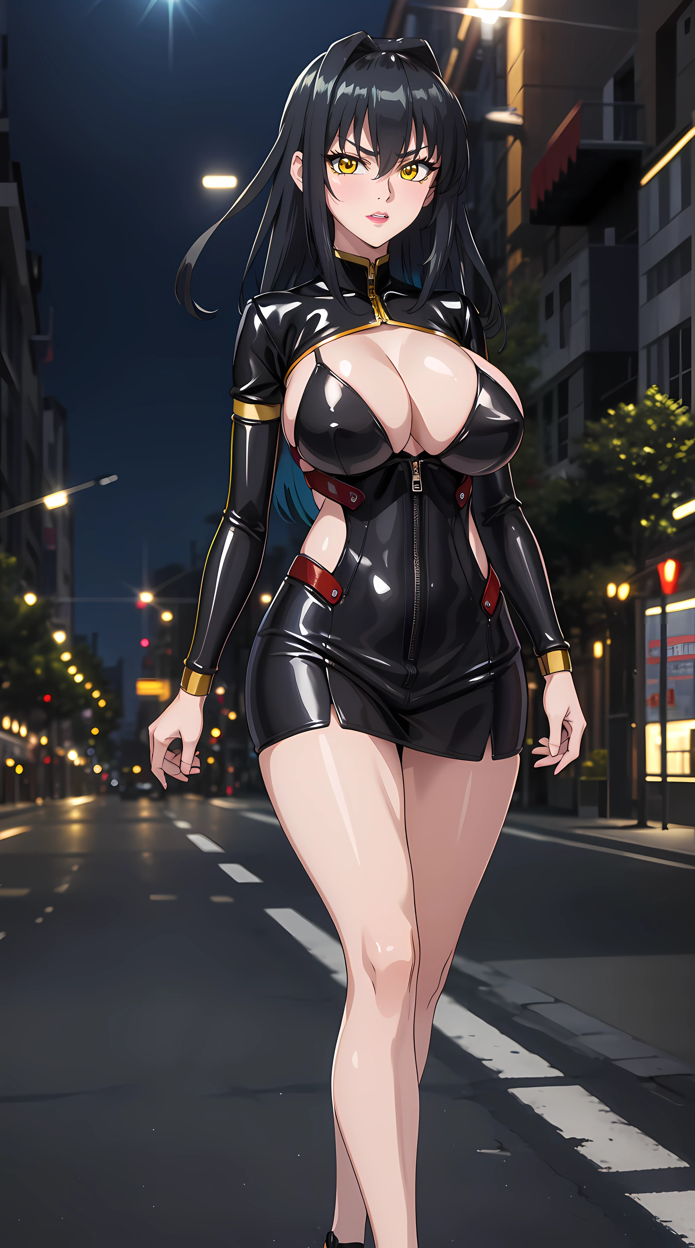 walking on road at midnight background, empty streets,
cowboy shot, Annerose,
black outfit, bodysuit latex,
black_hair,yellow_eyes, long_hair, hair intakes,
1 girl, 35yo, female,Beautiful Finger,Beautiful long legs,Beautiful body,Beautiful Nose,Beautiful character design, perfect eyes, perfect face,
looking at viewer, (big_yellow_eyes:1.0),(seductive look:1.3),
NSFW,official art,extremely detailed CG 8k wallpaper, perfect lighting,Colorful, Bright_Front_face_Lighting,
(masterpiece:1.0),(best_quality:1.0), ultra high res,4K,ultra-detailed,
photography, 8K, HDR, highres, absurdres:1.2, Kodak portra 400, film grain, blurry background, bokeh:1.2, lens flare, (vibrant_color:1.2)
(Beautiful,large_Breast (beautiful_face:1.5),(narrow_waist),