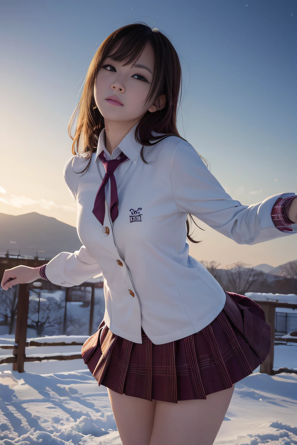 Best Quality、masutepiece、超A high resolution、(Photorealistic:1.4)、adult lady、modeled、long legged、(Thin eyebrows:0.2)、(thin lipss:0.8)、(small nose:0.8)、Appearance without makeup、(japanese hight school uniform:1.2)、Blazer Uniform、neck tie、Plaid mid-length spline skirt、(Looking up at the sky:1.2)、(Shooting from below:1.2)、Spread your arms、Colossal tits、(the perfect body:1.2)、Park at night、It snows a lot、Frozen hair、Snow sticks to clothes、By Michelangelo、ulzzang -6500-v1.1