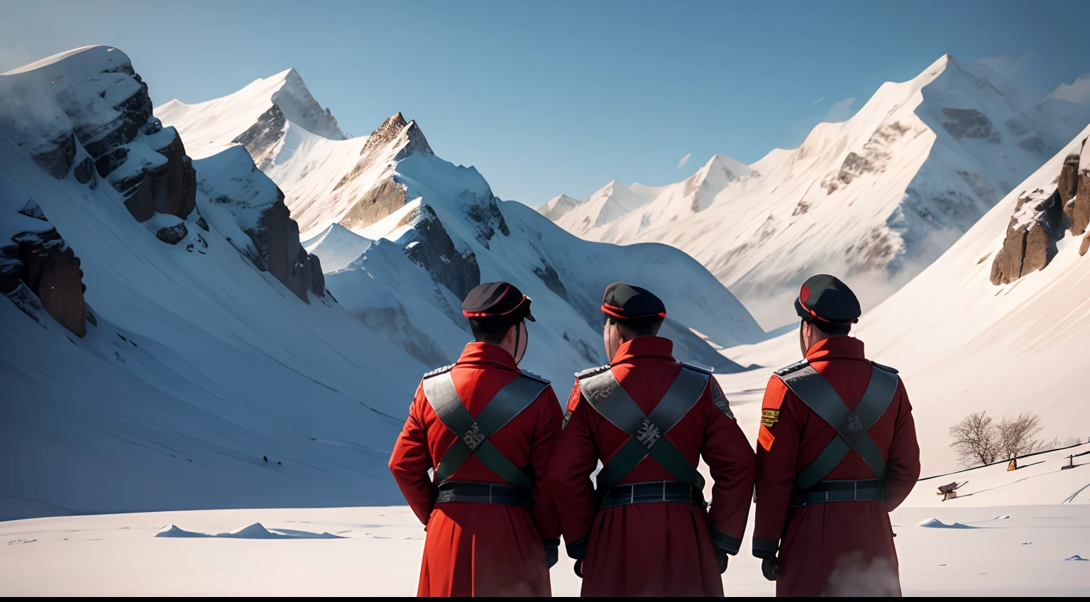 Chinese PLA soldiers on the snowy mountains of the Qinghai-Tibet Plateau have a strong face and a five-star red flag on their backs