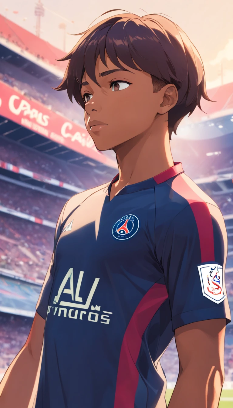 Kyllian Mbappe avec le maillot du Paris saint germain en mode vintage , Standard Scenario , regarder fixement , (( Image without deformities )) , Better resolution , beste-Qualit , шедевр