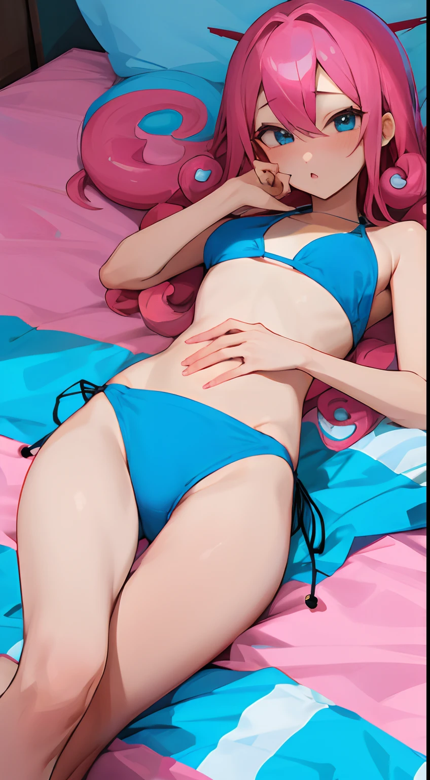 Sizuka From Doraemon, ((blue bikini))(()) lying on the bed, having,pink and curly long hairstyle,