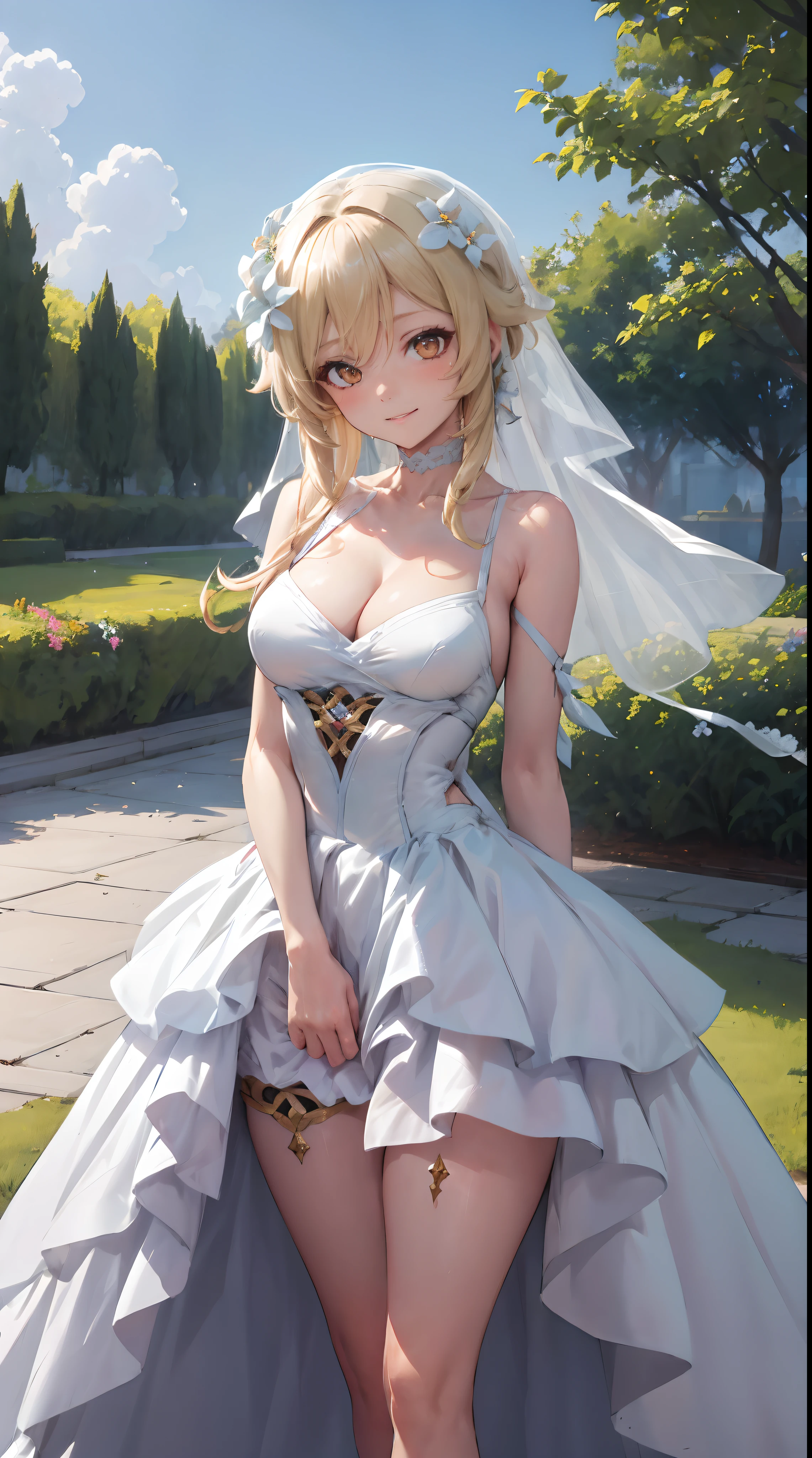Lumine | genshin impact, master-piece, bestquality, 1girls,25 years old, proportional body, proportional., Wedding Dresses, White Wedding Dress, wedding, mediuml breasts, ,bara, choker, Standing in the middle of a flower garden, outdoor, The sky is beautiful, arm behind back, View viewers from the front., Thigh strap, Head tilt, bored, 10, 10, HD, slight smile,