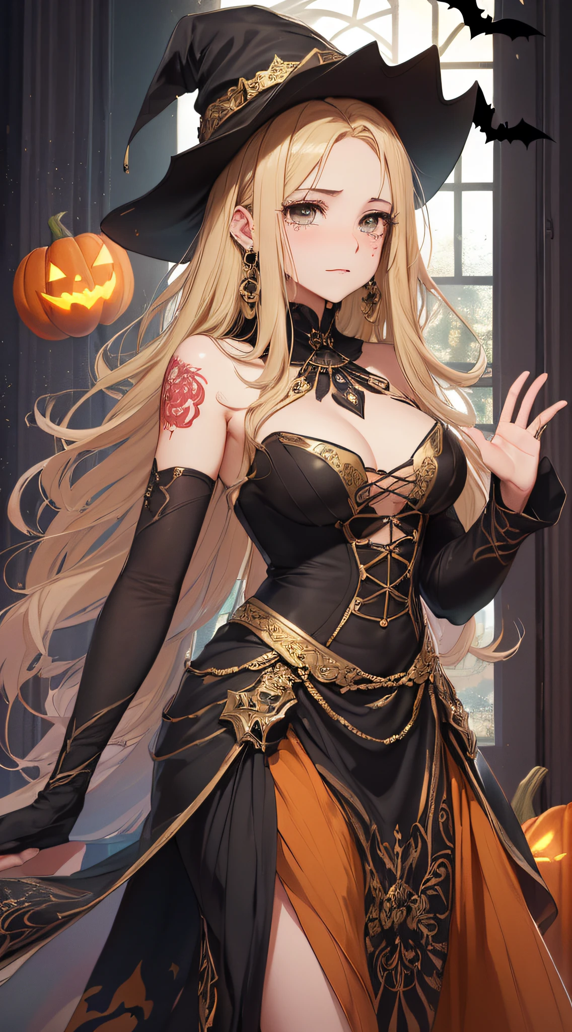 top-quality、Top image quality、masterpiece、teens girl((18year old,Black Wizard Hat、Black and orange sexy clothes,Orange and black skirt、Orange muffler,Best Bust、Bust 85、Blonde long hair,Black eyes、open chest wide、Valley、Happiness、A slender、Blood coating、Emphasis on the chest、Bats tattoo、Gold Earrings、Teary-eyed、shed tears,waving at viewer,))hiquality、Beautiful Art、Background with((natta、the bats、pumpkins,Halloween))、Depth(Entrance to the Multiverse、The Door of Time and Space)masutepiece、Elaborate design、visualart、high contract、The best lighting、highestdetailed、low angles