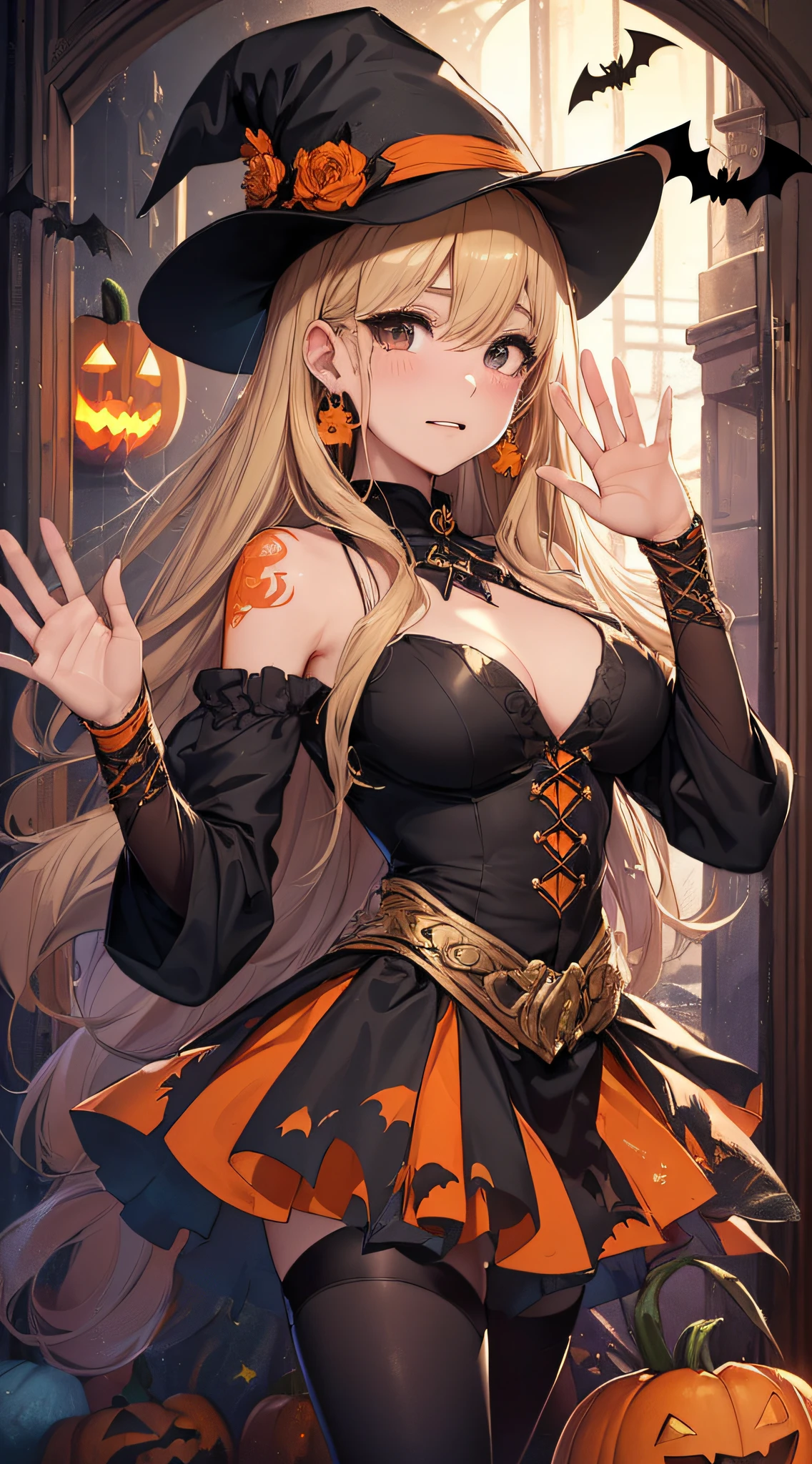 hight resolution、hightquality、ultra-detailliert、8k wallpaper、1人の女性、adult-like、Beautiful fece、Shark costume、The teeth are shark fangs、Kamimei、Melancholy is in the air、Feelings of lovers、Be loved、familiarity、Gold and black dress、Gold and black background、a blond、Sprinkled with Halloween pumpkins、opulent、Less exposure