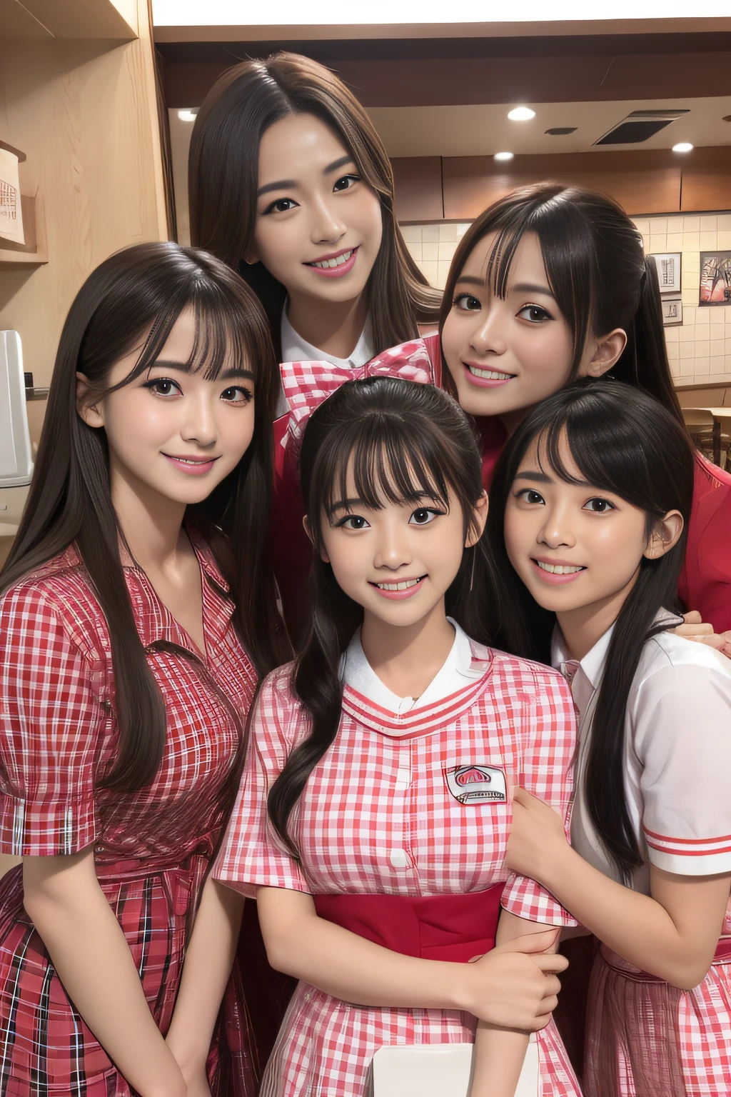 Outrageous resolution、hight resolution、(​masterpiece:1.4)、ultra-detailliert、Crisp details、Dramatic and photorealistic pictorial art、Super Sentai Series、Everyone wears a family restaurant uniform（Gingham Check、Tartan check、red colored、Pink dot、Fivesome）Everyone smiles、