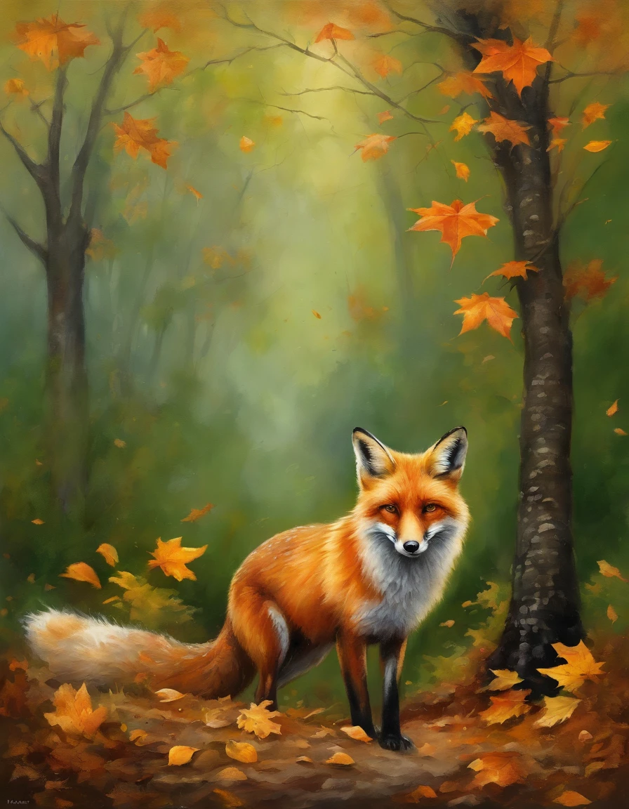 (best quality,4k,8k,highres,masterpiece:1.2),ultra-detailed,(realistic,photorealistic,photo-realistic:1.37),colorful autumn scene,lonely fox,cute fox,autumn forest,fox wearing cloak made of maple leaves,hiding fox,root of a tree,rainy day,serene atmosphere,maple trees,fall foliage,beautifully colored fox,dark green and orange leaves,peaceful environment,natural lighting,soft raindrops,leaves on the ground,gentle mist,flickering sunlight through the trees,majestic tree trunks,quiet solitude,magical atmosphere