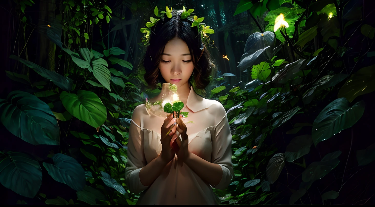 Fantasy in a glass, "Ethereal roses, cute slime animals, glowing little mushrooms surrounded by delicate leaves and branches, and fireflies and glowing particle effects, girl", (natural elements), (jungle theme), (leaves), (branches), (fireflies), butterflies, (delicate leaves), (glow), (particle effects), super realistic, super detailed, dramatic lightning, , masterpiece,fairys,