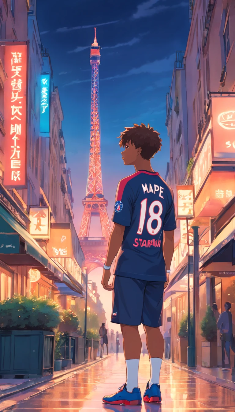 Kyllian Mbappé with Paris saint germain tee shirt in vintage photo. It is in a long way at new york city.