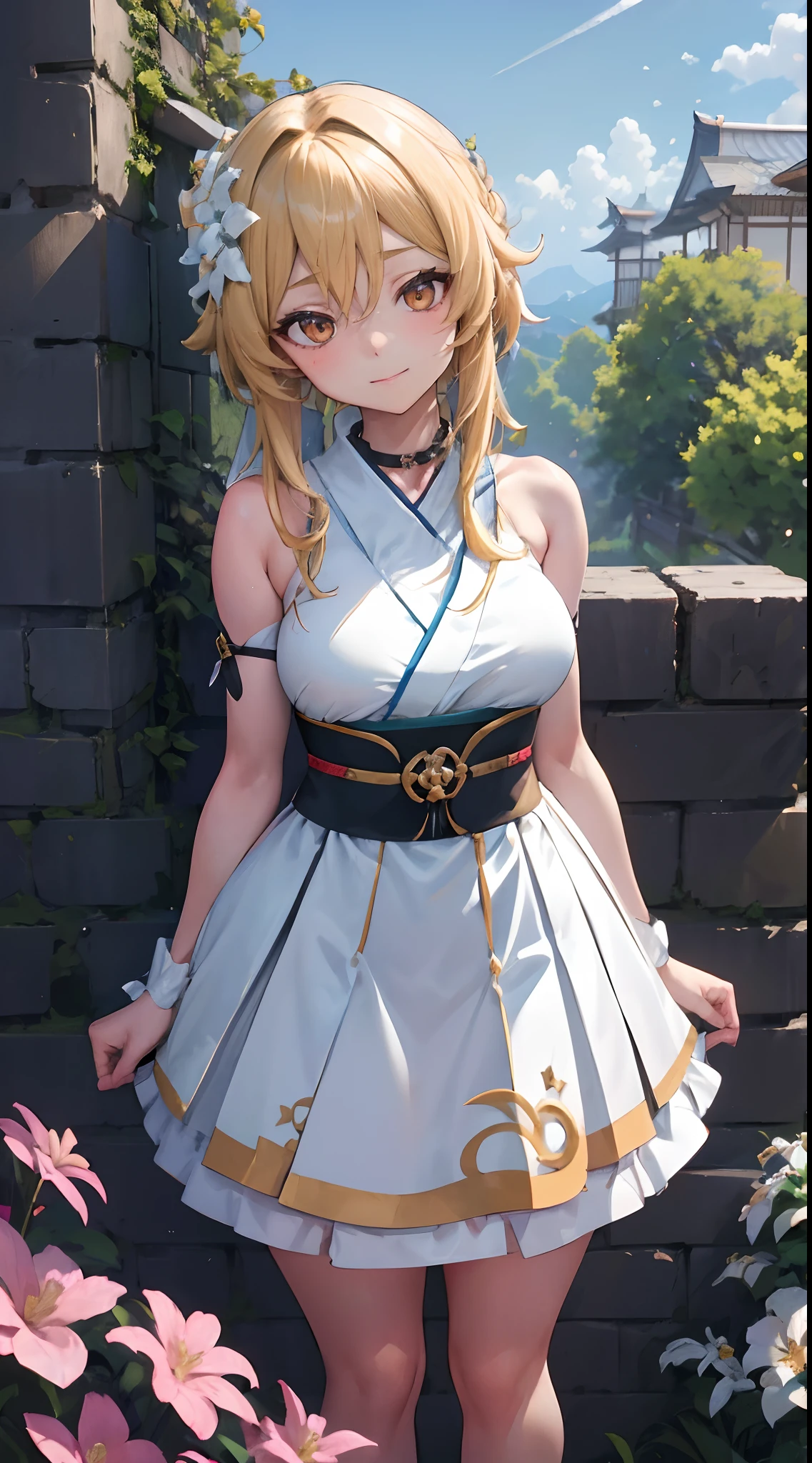Lumine | genshin impact, master-piece, bestquality, 1girls,25 years old, proportional body, proportional., long-haired, Wear Hanbok, mediuml breasts, ,bara, choker, Standing in the middle of a flower garden, outdoor, The sky is beautiful, arm behind back, against wall, View viewers from the front., Thigh strap, Head tilt, bored, 10, 10, HD, slight smile,