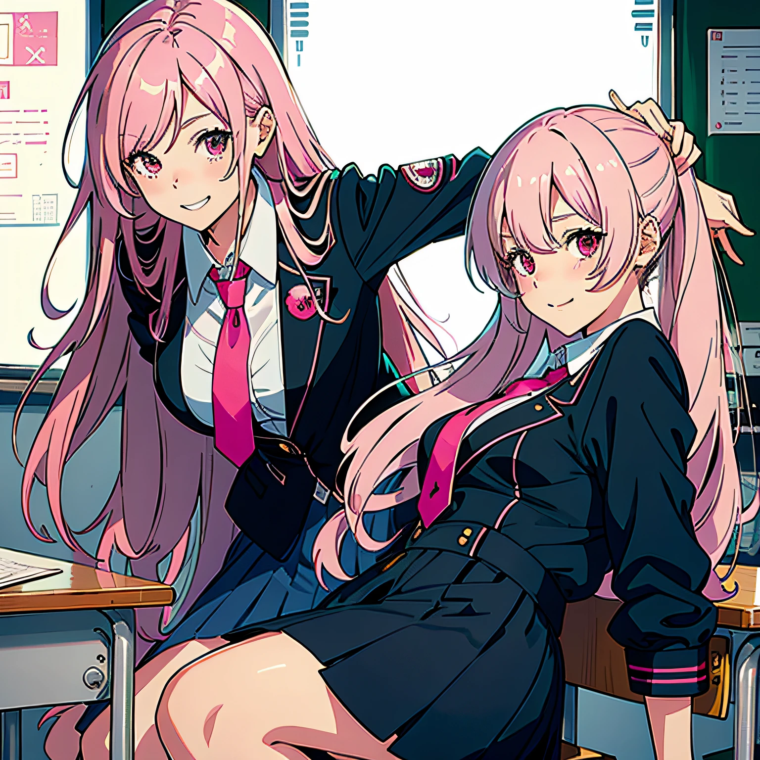 Ultra High Resolution, 16 K, ((masutepiece)), ((Best Quality))), ((super detailed)), girl with, Long pink hair, High School Uniform, Smile, In the classroom