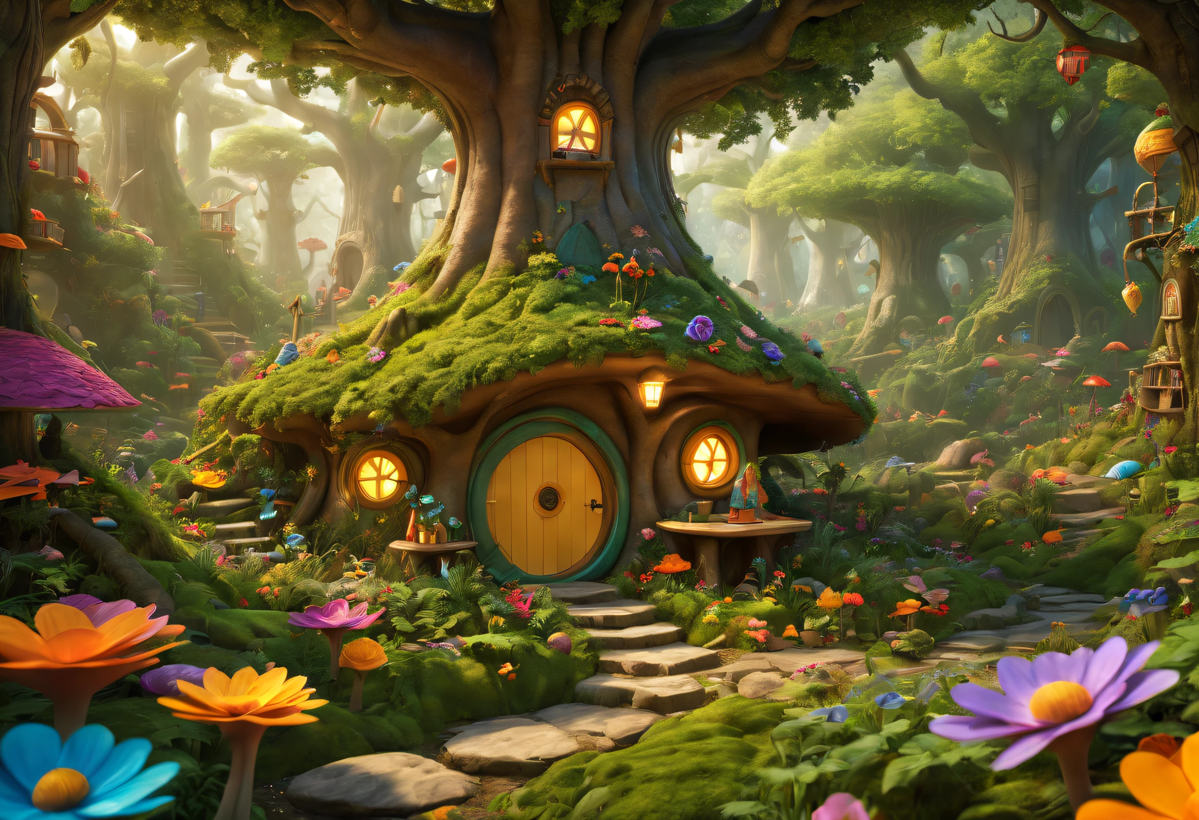 (Mysterious fantasy forest,Dense trees,A strange and cute little tree:1.5),A hobbit cabin, It is vividly depicted in the work (Best quality, 8K, Advanced resolution, Masterpiece: 1.2), With ultra-detailed detail, (1.4x realism, Photorealistic: 1.37). This fantasy forest is made up of bright colors,bathed in the warm glow of the sun, Create a cheerful and whimsical atmosphere. The house has been designed with great attention to detail, With a complex design and unique architecture, Similar to a mushroom-shaped house。 (This fantasy forest is surrounded by lush greenery and colorful flowers), Elevate a captivating and magical environment。 The artwork showcases an illustrative style, Inspired by children's book illustrations, Ensures a glamorous and nostalgic touch. The color palette consists of vibrant rainbow colors, Seven colors,Evoke feelings of joy and playfulness. Lighting accentuates the picturesque scene, Soft and warm shadows are created that add depth and warmth to the artwork. Every detail is impeccablely presented, creating a visually stunning masterpiece,Capture the essence of the fantasy forest.