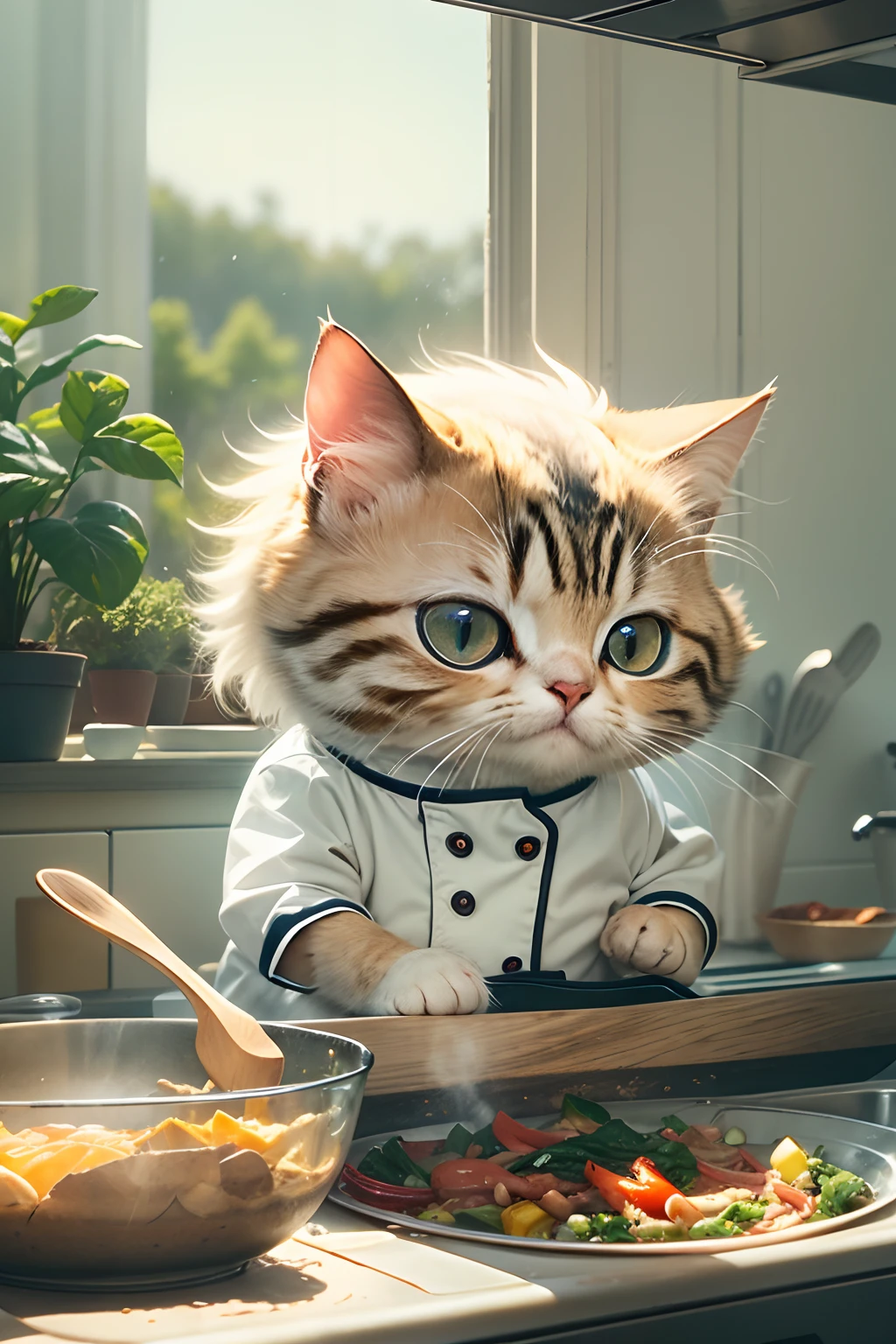 A round-eyed cute cat, Wear a chef's suit, Stir-fry in the kitchen, Sunlight outside the window.