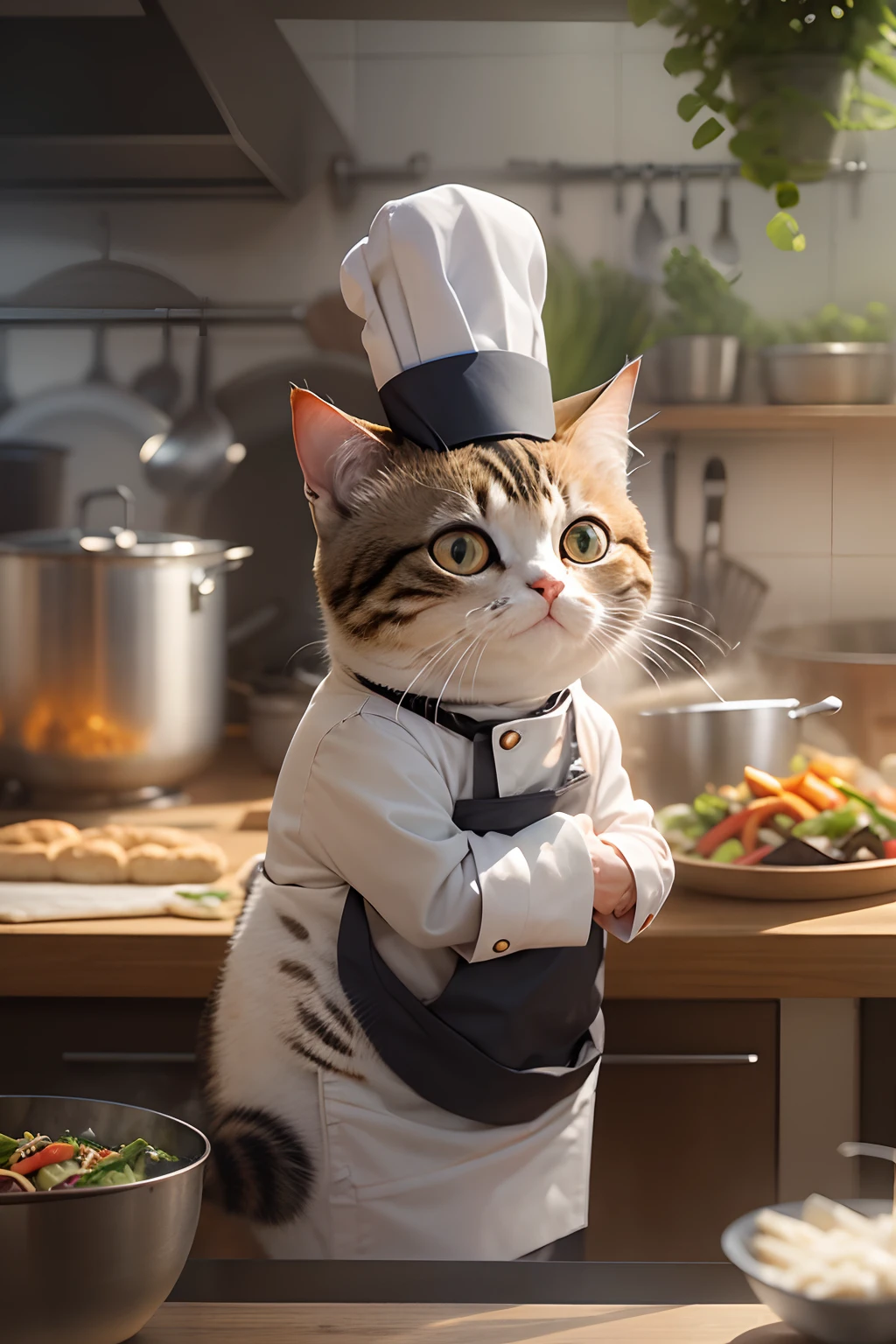 A round-eyed cute cat, Wear a chef's suit, Stir-fry in the kitchen, Sunlight outside the window.
