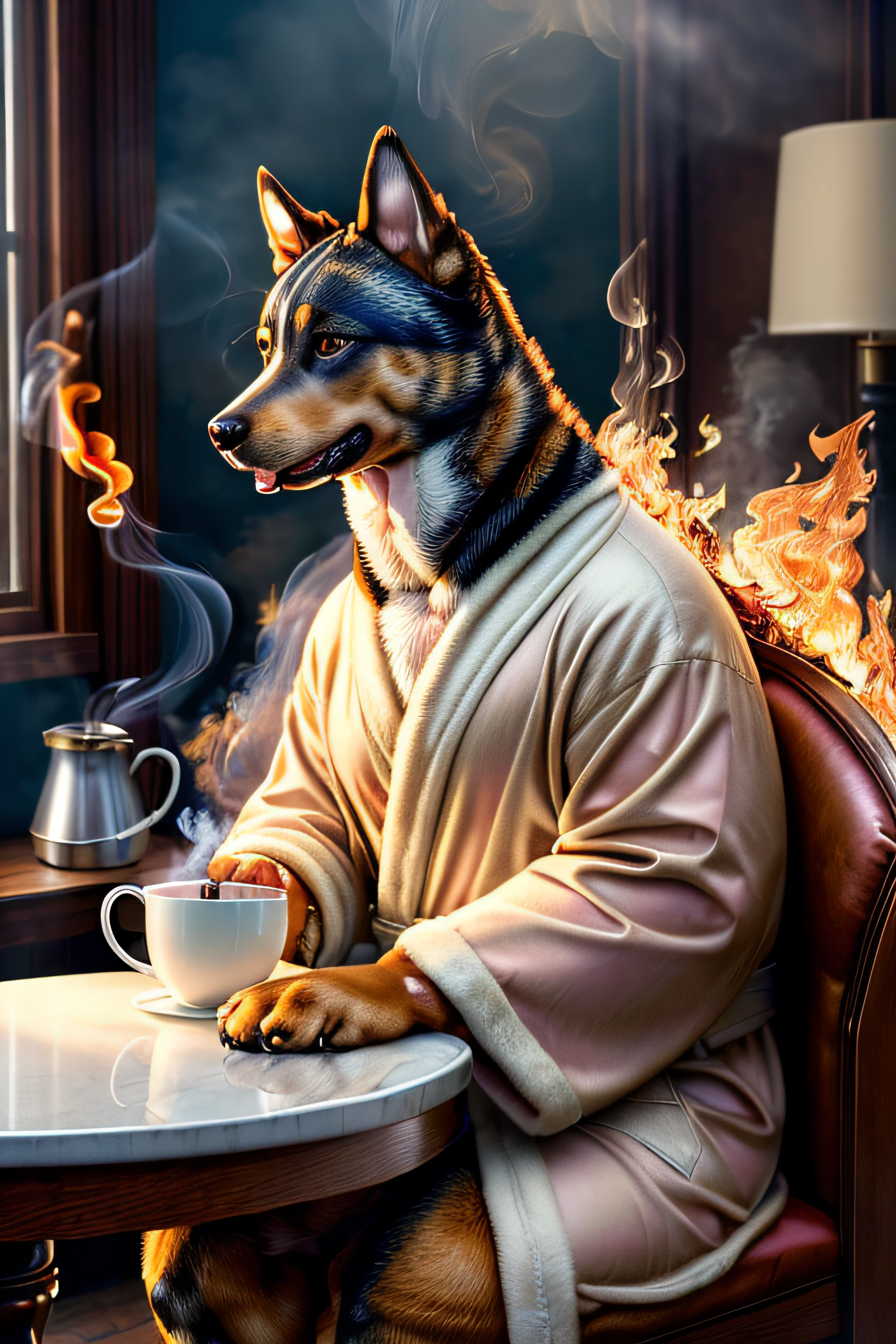 (best quality:1.23), (masterpiece:1.12), (realistic:1.24), (anthropomorphic  dog:1.5) holding a coffee cup, sitting, in a robe, eating breakfast and holding a coffee cup, hat, particles, volumetric lighting,  room burn down, ground and chair on fire, lots of gadgets and equipment on fire,  smoke, (flames all around:1.2), high saturation