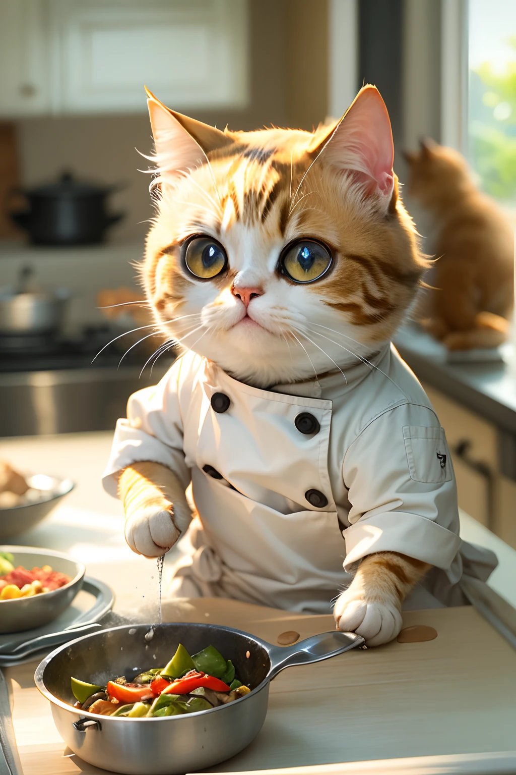 A round-eyed cute cat, Wear a chef's suit, Stir-fry in the kitchen, Sunlight outside the window.