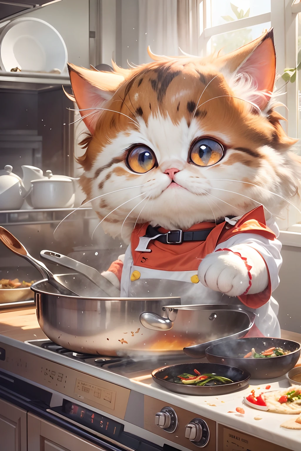 A round-eyed cute cat, Wear a chef's suit, Stir-fry in the kitchen, Sunlight outside the window.
