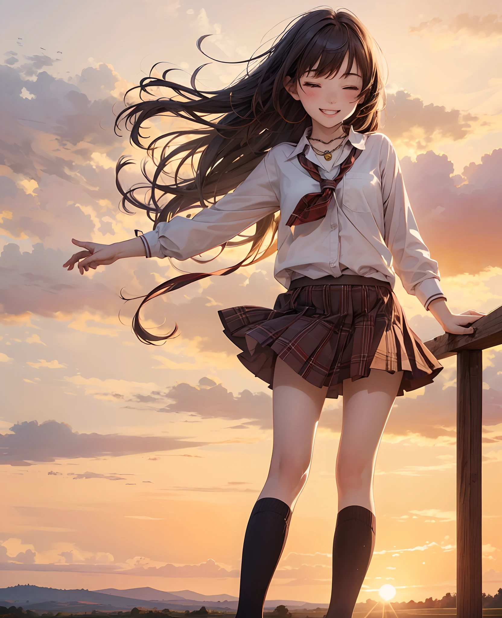 Top Quality, Best Masterpiece, 1 Woman, Solo, 20 Years Old, Low Angle, (One Eye Closed: 1.4), Happy Smile, Close Your Mouth, Brown Single Braid, White School Uniform, Black Socks, Plaid Skirt, Blushing, Red Eye, Evening, Lots of Countryside, Big Sunset, Orange View, Small Necklace,