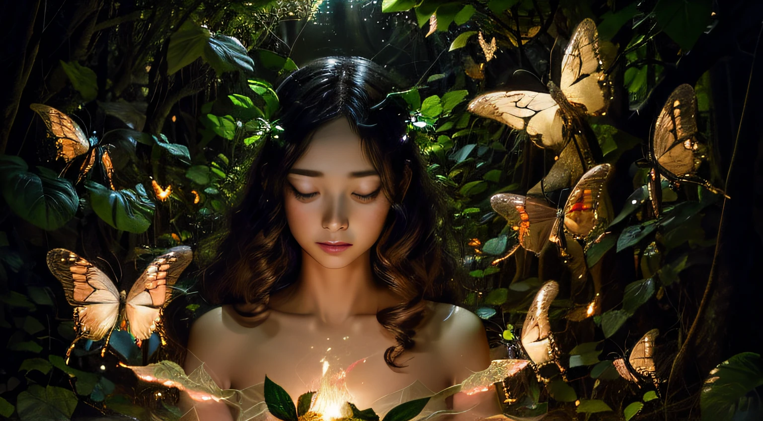 Fantasy in a glass, "Ethereal roses, cute slime animals, glowing little mushrooms surrounded by delicate leaves and branches, and fireflies and glowing particle effects, girl", (natural elements), (jungle theme), (leaves), (branches), (fireflies), butterflies, (delicate leaves), (glow), (particle effects), super realistic, super detailed, dramatic lightning, , masterpiece,fairys,