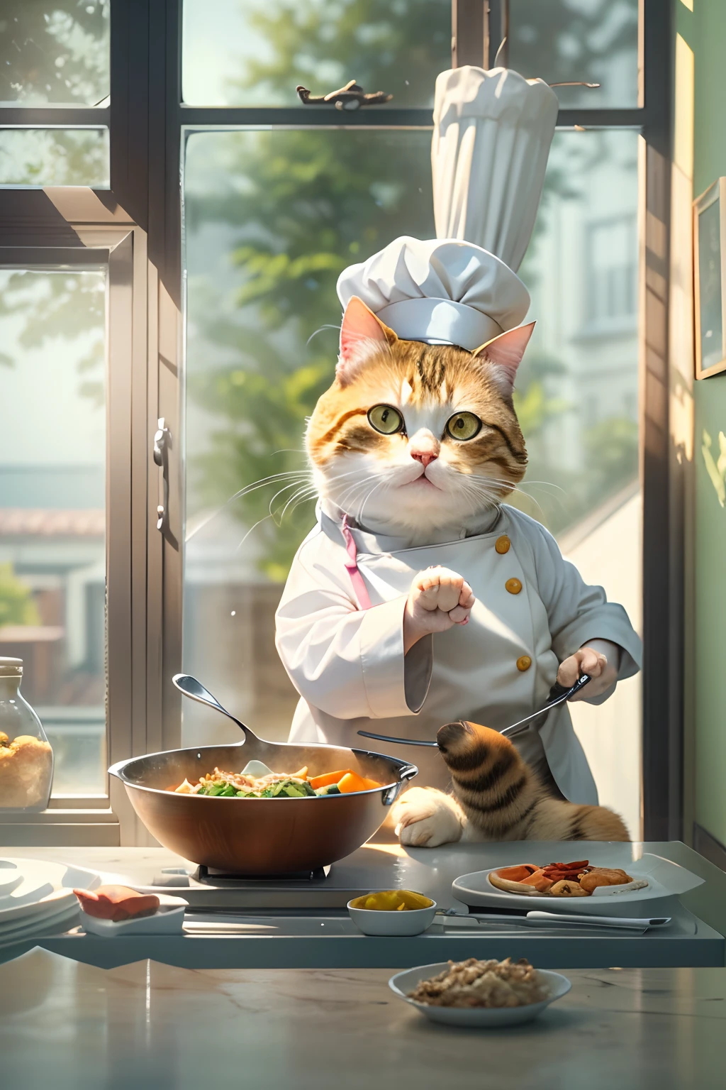 A round-eyed cute cat, Wear a chef's suit, Stir-fry in the kitchen, Sunlight outside the window.